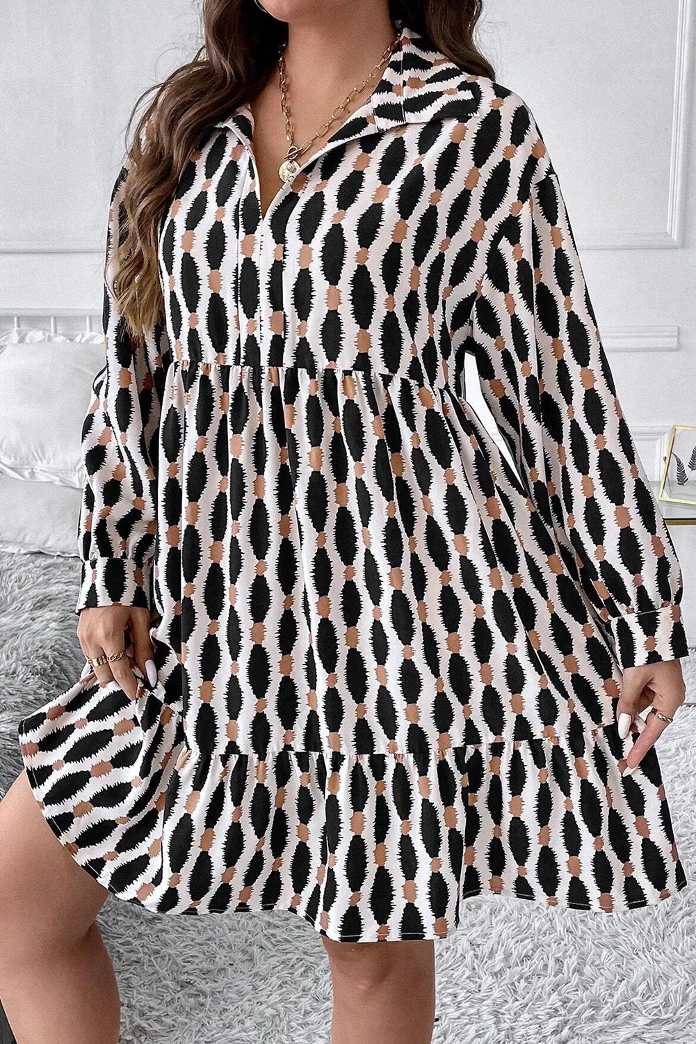 Plus Size Printed Johnny Collar Long Sleeve Dress - GirlyBayPlus Size ClothesPlus Size Printed Johnny Collar Long Sleeve Dress1001007240910511XLBlackGirlyBayPlus Size Printed Johnny Collar Long Sleeve Dress