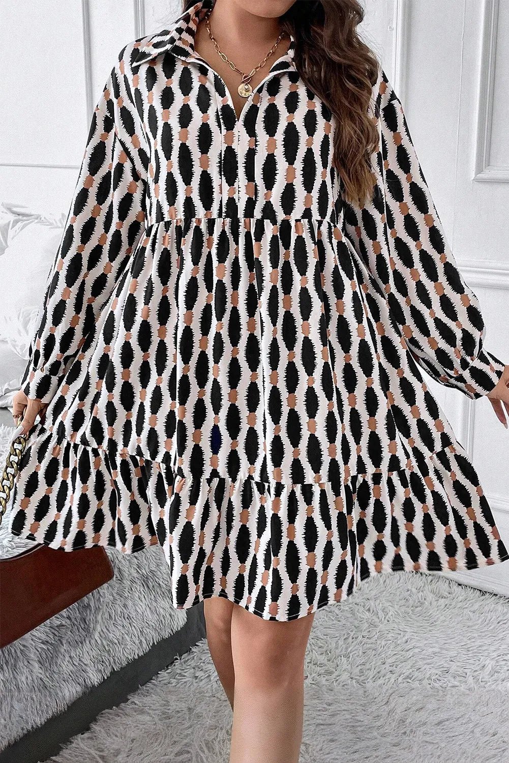 Plus Size Printed Johnny Collar Long Sleeve Dress - GirlyBayPlus Size ClothesPlus Size Printed Johnny Collar Long Sleeve Dress1001007240910511XLBlackGirlyBayPlus Size Printed Johnny Collar Long Sleeve Dress