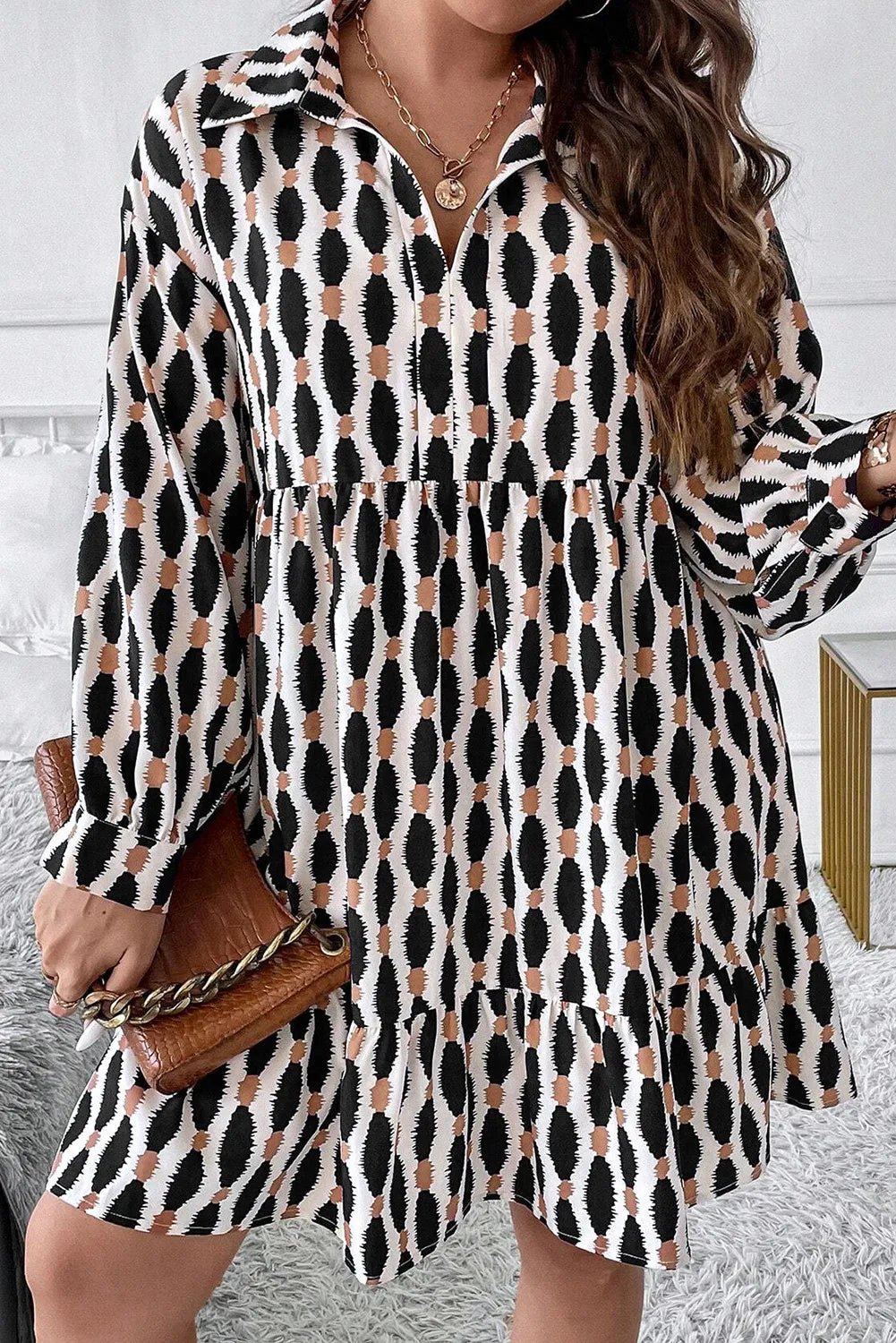 Plus Size Printed Johnny Collar Long Sleeve Dress - GirlyBayPlus Size ClothesPlus Size Printed Johnny Collar Long Sleeve Dress1001007240910511XLBlackGirlyBayPlus Size Printed Johnny Collar Long Sleeve Dress