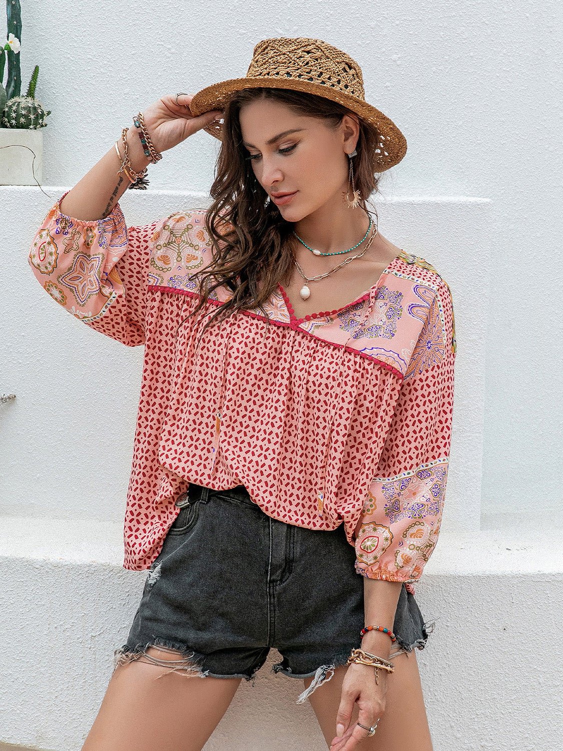 Plus Size Printed Tie Neck Balloon Sleeve Blouse - GirlyBayPlus Size Printed Tie Neck Balloon Sleeve Blouse1001016724041680XLDusty PinkGirlyBayPlus Size Printed Tie Neck Balloon Sleeve Blouse