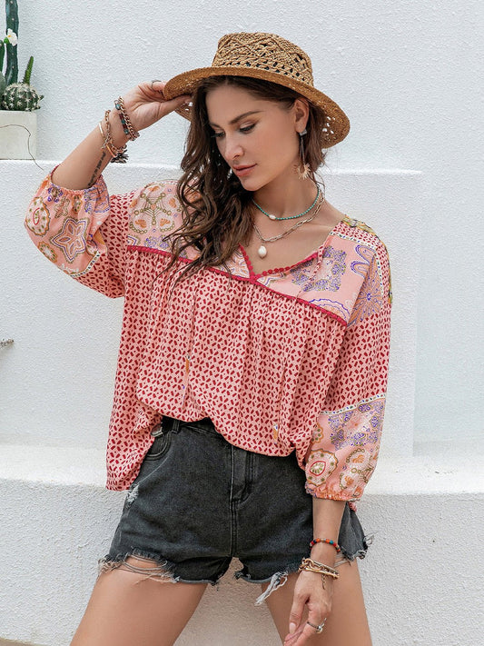 Plus Size Printed Tie Neck Balloon Sleeve Blouse - GirlyBayPlus Size Printed Tie Neck Balloon Sleeve Blouse1001016724041680XLDusty PinkGirlyBayPlus Size Printed Tie Neck Balloon Sleeve Blouse
