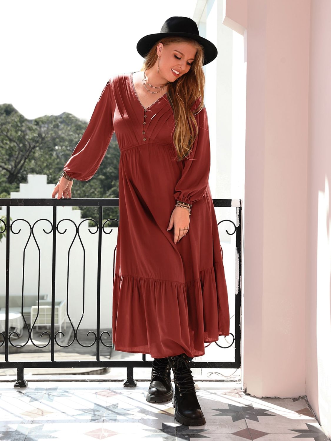 Plus Size Quarter Button V - Neck Long Sleeve Dress - GirlyBayPlus Size ClothesPlus Size Quarter Button V - Neck Long Sleeve Dress1001004370814270XLRustGirlyBayPlus Size Quarter Button V - Neck Long Sleeve Dress