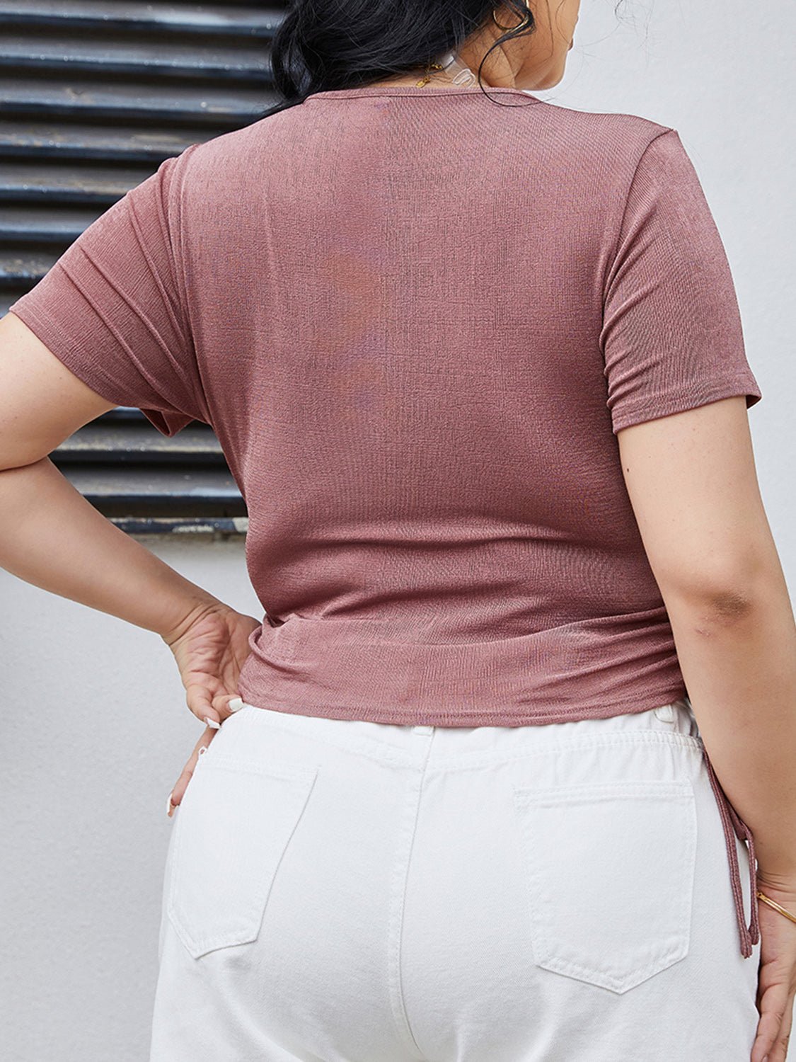 Plus Size Ruched Tied Surplice Blouse - GirlyBayPlus Size ClothesPlus Size Ruched Tied Surplice Blouse1001006868210731XLDusty PinkGirlyBayPlus Size Ruched Tied Surplice Blouse