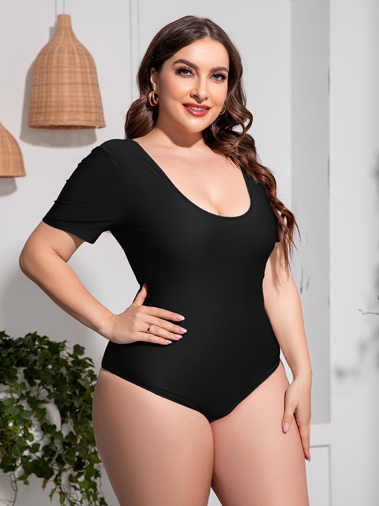 Plus Size Scoop Neck Short Sleeve One-Piece SwimsuitSwimwear One piecesTrendsiGirlyBay100100908053995Black2XLRoman