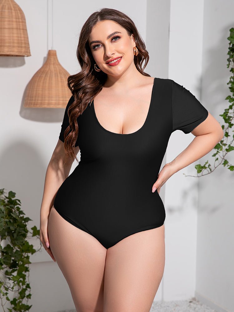 Plus Size Scoop Neck Short Sleeve One-Piece SwimsuitSwimwear One piecesTrendsiGirlyBay100100908053995Black2XLRoman