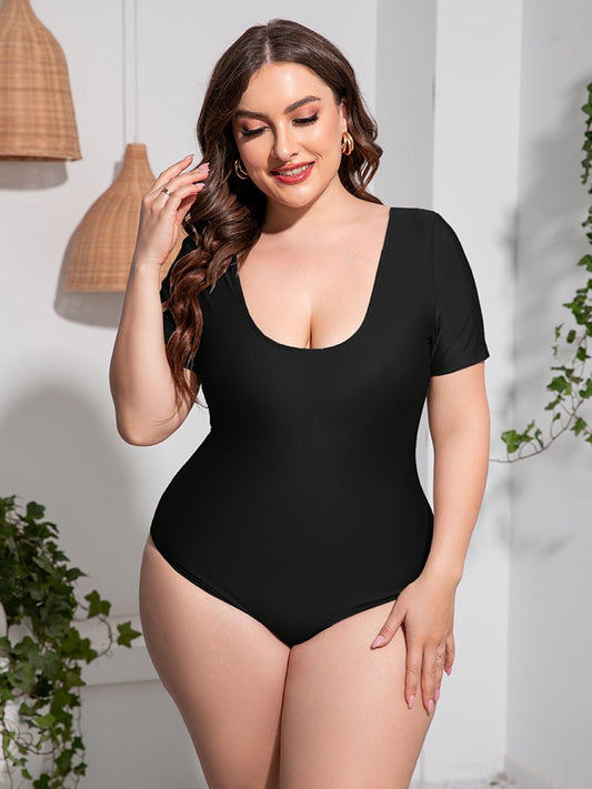 Plus Size Scoop Neck Short Sleeve One-Piece SwimsuitSwimwear One piecesTrendsiGirlyBay100100908053995Black2XLRoman