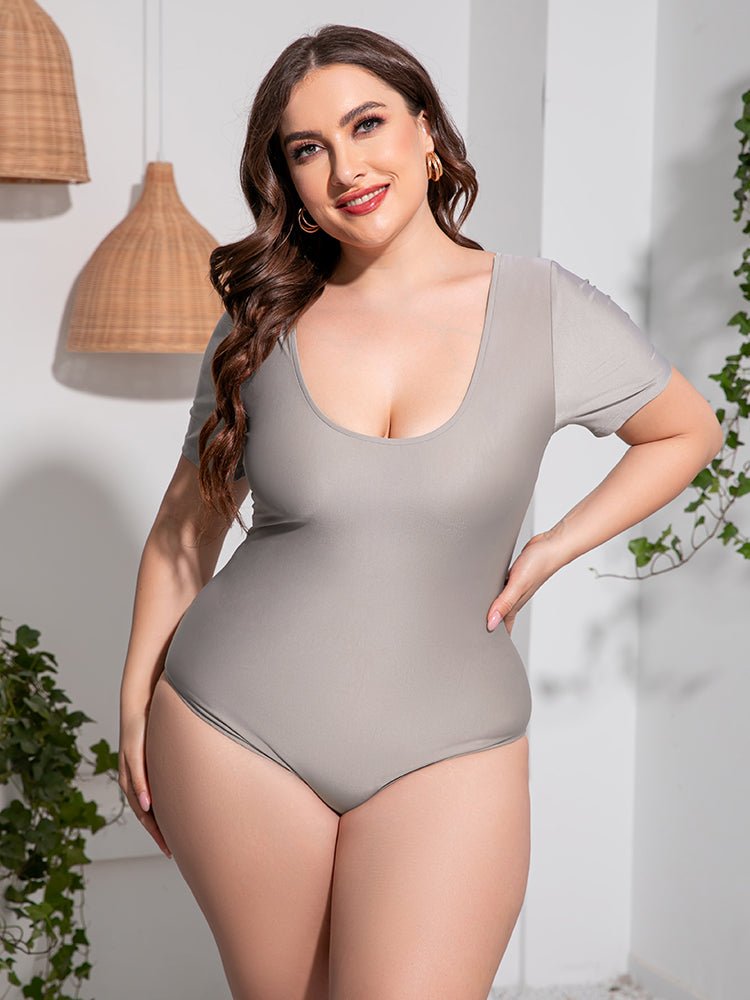 Plus Size Scoop Neck Short Sleeve One-Piece SwimsuitSwimwear One piecesTrendsiGirlyBay100100908059658Light Gray2XLRoman