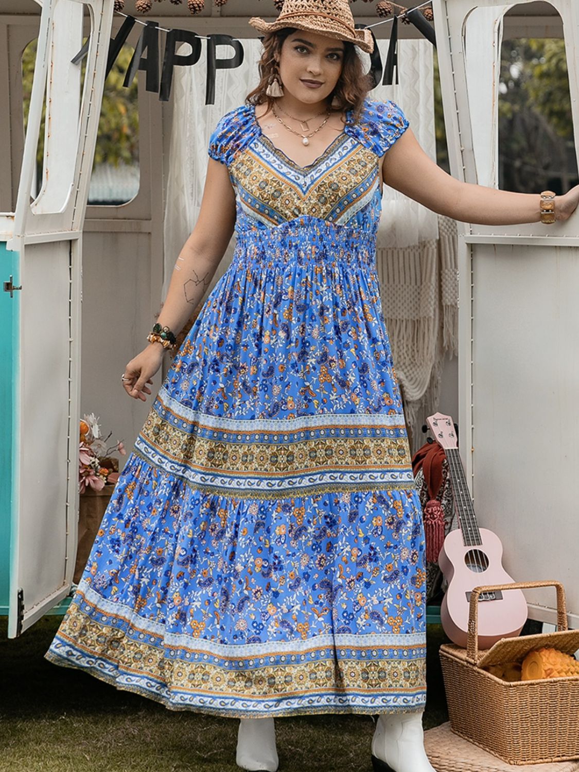 Plus Size Smocked Printed Cap Sleeve Dress - GirlyBayPlus Size ClothesPlus Size Smocked Printed Cap Sleeve Dress1001007592015850XLBlueGirlyBayPlus Size Smocked Printed Cap Sleeve Dress