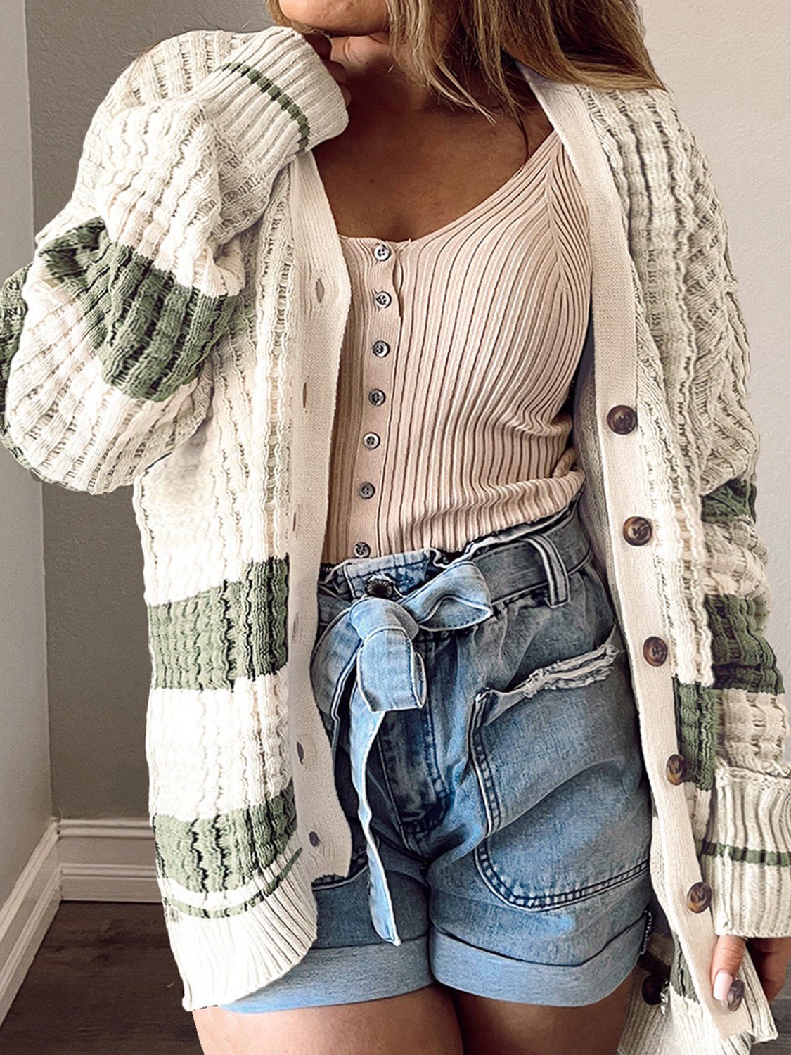 Plus Size Striped Button Up Dropped Shoulder Cardigan - GirlyBayOuterwearPlus Size Striped Button Up Dropped Shoulder Cardigan1001008516512601XLCreamGirlyBayPlus Size Striped Button Up Dropped Shoulder Cardigan