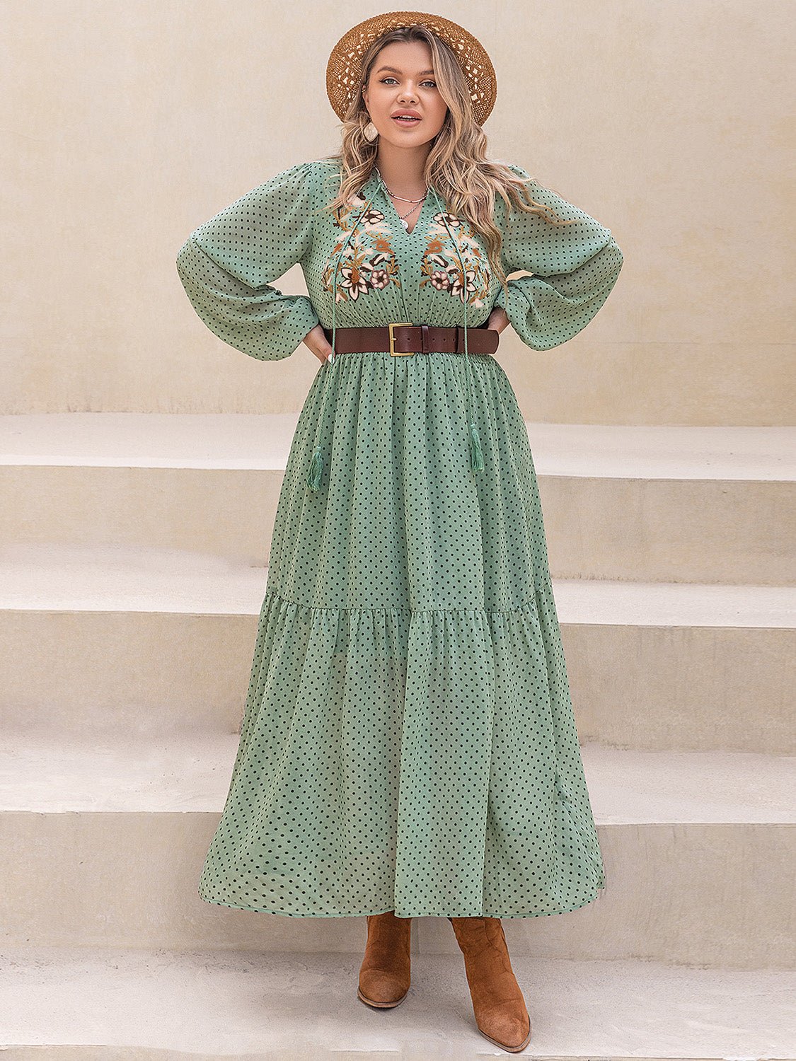 Plus Size Tassel Printed Tie Neck Long Sleeve Midi Dress - GirlyBayPlus Size ClothesPlus Size Tassel Printed Tie Neck Long Sleeve Midi Dress1001001108218910XLGum LeafGirlyBayPlus Size Tassel Printed Tie Neck Long Sleeve Midi Dress