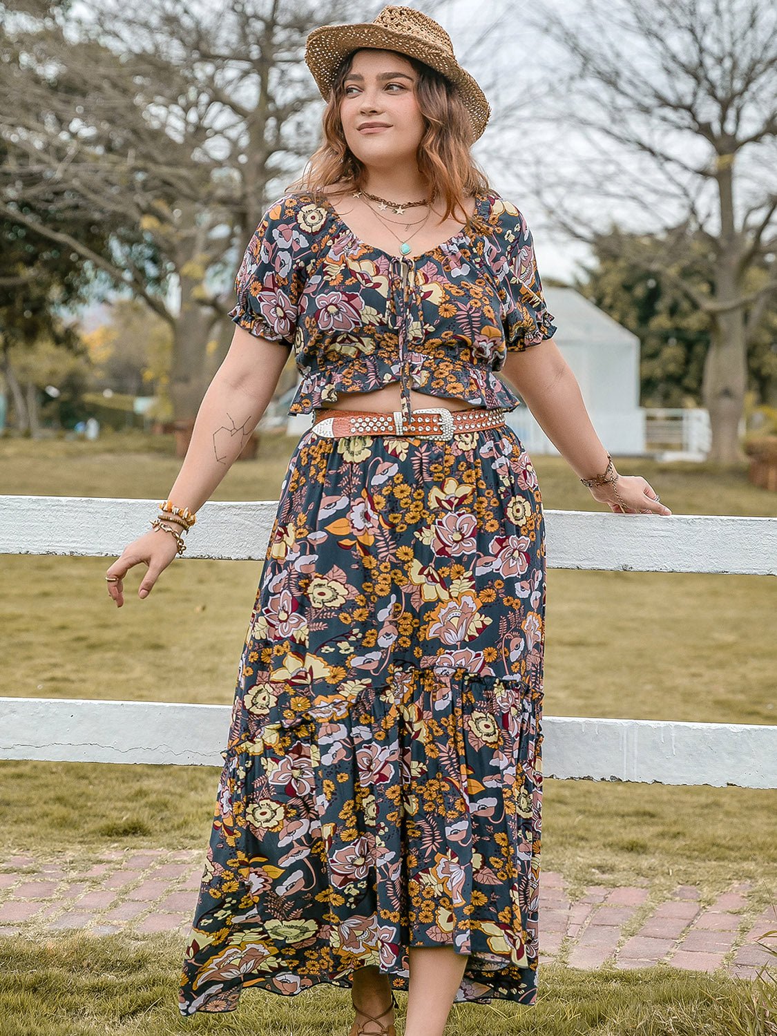 Plus Size Tie Neck Short Sleeve Top and Skirt Set - GirlyBayPlus Size ClothesPlus Size Tie Neck Short Sleeve Top and Skirt Set1001005513014650XLMulticolorGirlyBayPlus Size Tie Neck Short Sleeve Top and Skirt Set