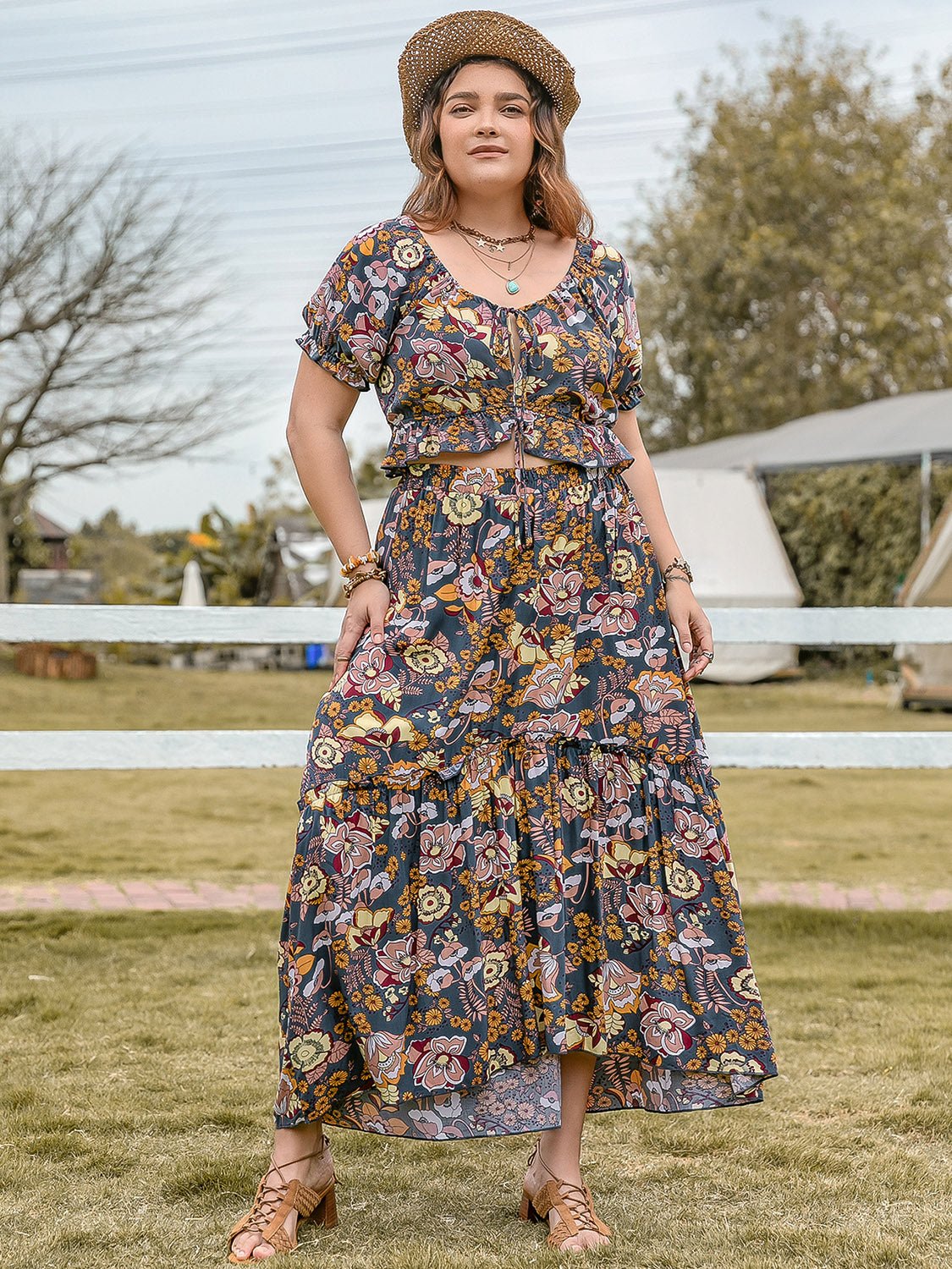 Plus Size Tie Neck Short Sleeve Top and Skirt Set - GirlyBayPlus Size ClothesPlus Size Tie Neck Short Sleeve Top and Skirt Set1001005513014650XLMulticolorGirlyBayPlus Size Tie Neck Short Sleeve Top and Skirt Set