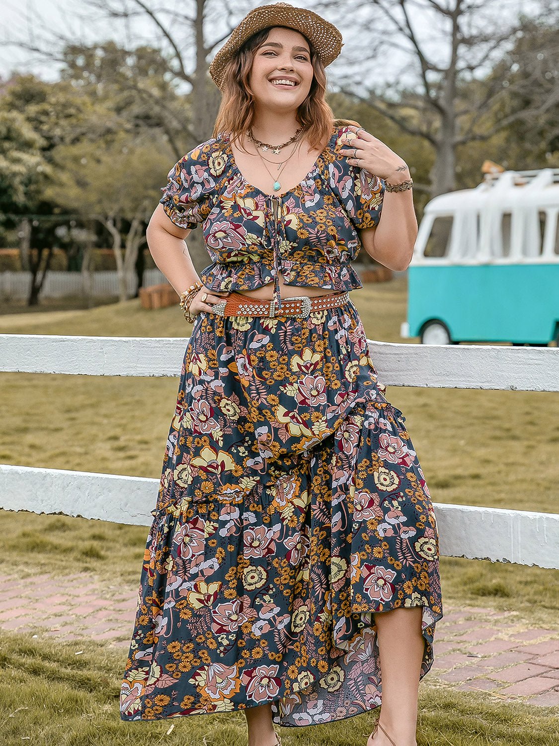 Plus Size Tie Neck Short Sleeve Top and Skirt Set - GirlyBayPlus Size ClothesPlus Size Tie Neck Short Sleeve Top and Skirt Set1001005513014650XLMulticolorGirlyBayPlus Size Tie Neck Short Sleeve Top and Skirt Set