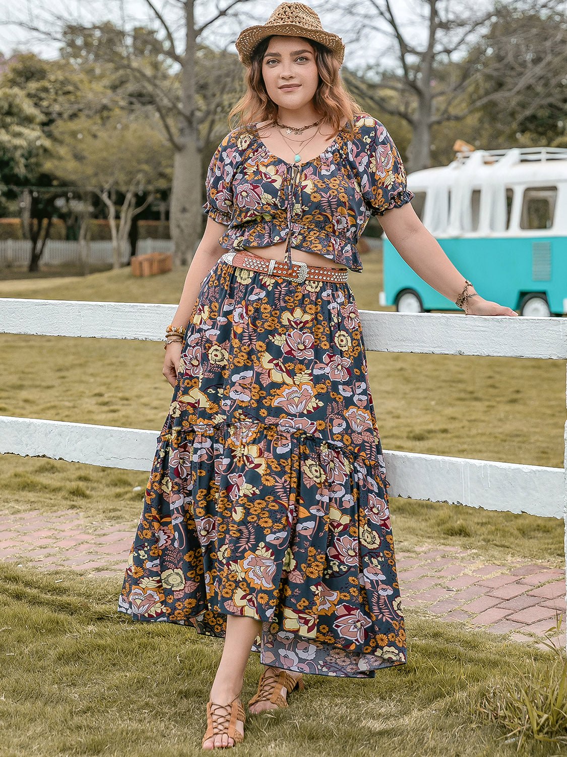 Plus Size Tie Neck Short Sleeve Top and Skirt Set - GirlyBayPlus Size ClothesPlus Size Tie Neck Short Sleeve Top and Skirt Set1001005513014650XLMulticolorGirlyBayPlus Size Tie Neck Short Sleeve Top and Skirt Set
