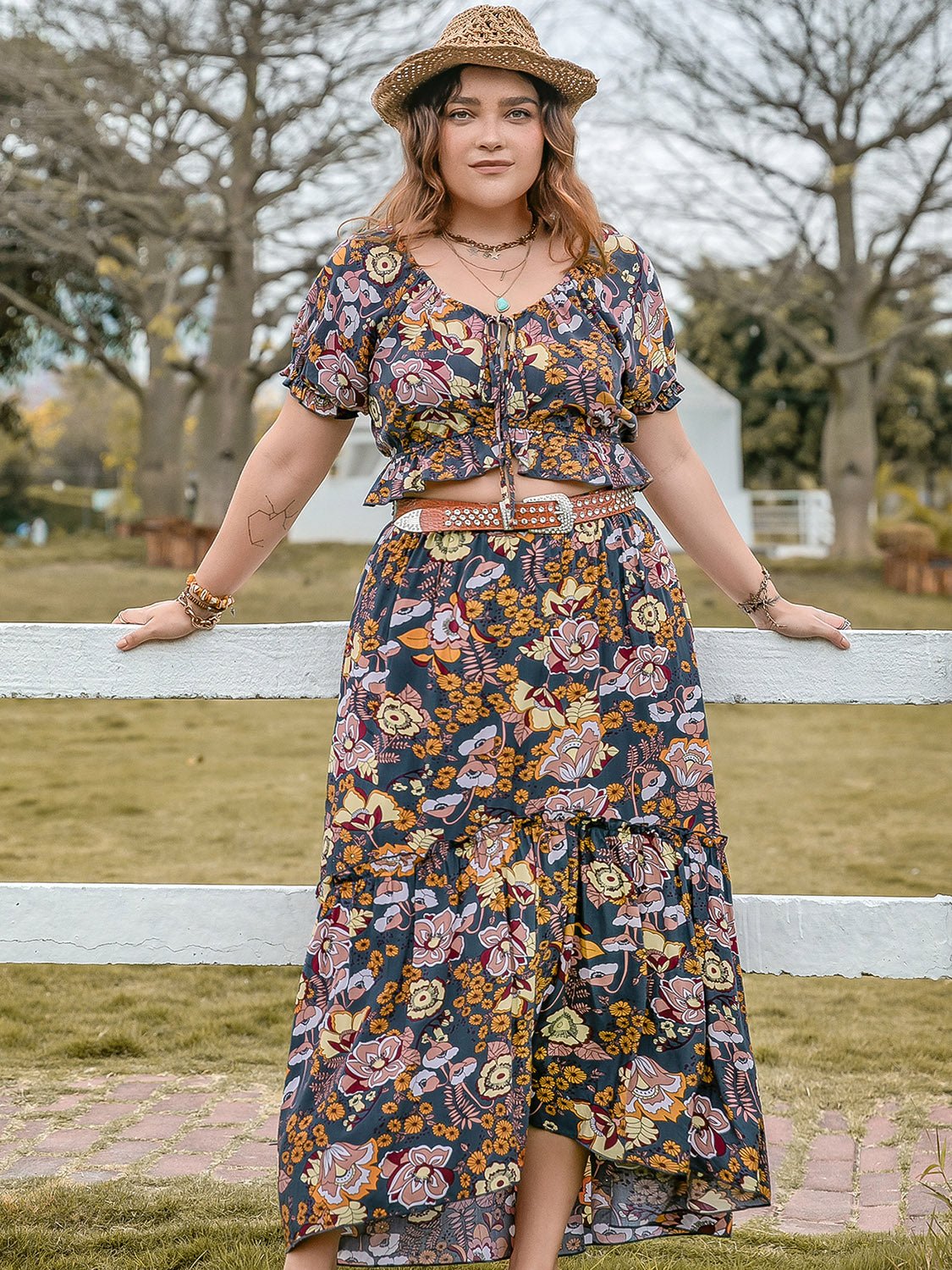 Plus Size Tie Neck Short Sleeve Top and Skirt Set - GirlyBayPlus Size ClothesPlus Size Tie Neck Short Sleeve Top and Skirt Set1001005513014650XLMulticolorGirlyBayPlus Size Tie Neck Short Sleeve Top and Skirt Set