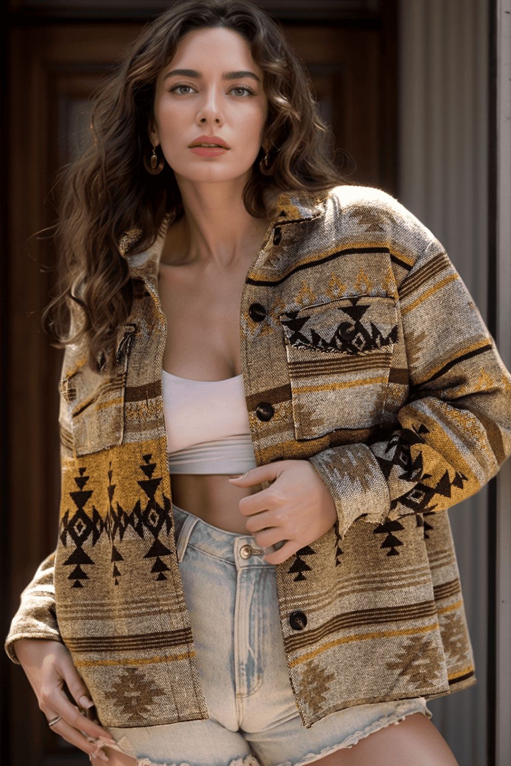 Pocketed Geometric Collared Neck Jacket - GirlyBayOuterwearPocketed Geometric Collared Neck Jacket100100557911264SCamelGirlyBayPocketed Geometric Collared Neck Jacket