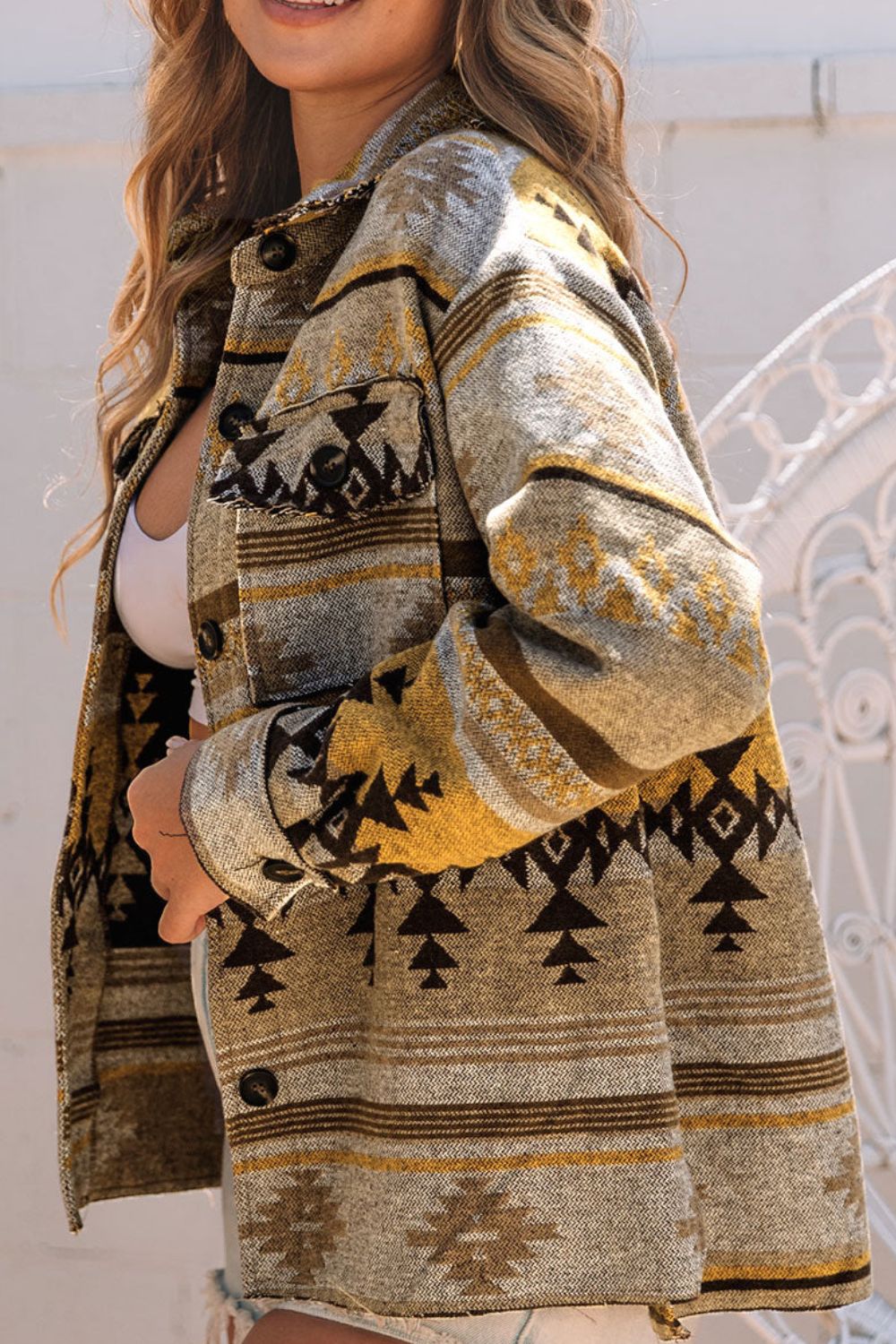 Pocketed Geometric Collared Neck Jacket - GirlyBayOuterwearPocketed Geometric Collared Neck Jacket100100557911264SCamelGirlyBayPocketed Geometric Collared Neck Jacket