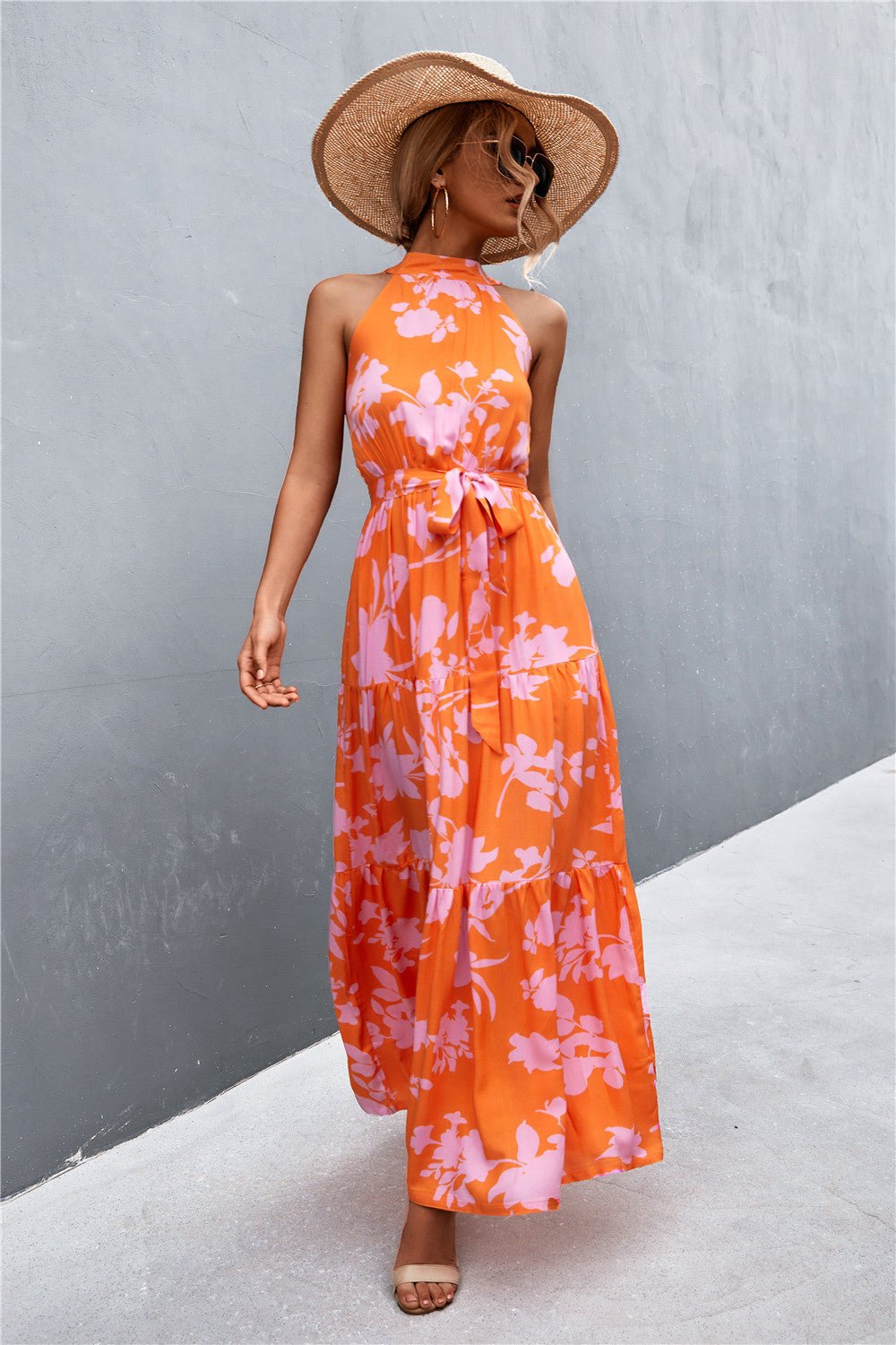 Printed Sleeveless Tie Waist Maxi Dress - GirlyBayPrinted Sleeveless Tie Waist Maxi Dress100100900730762SOrange/FloralGirlyBayPrinted Sleeveless Tie Waist Maxi Dress