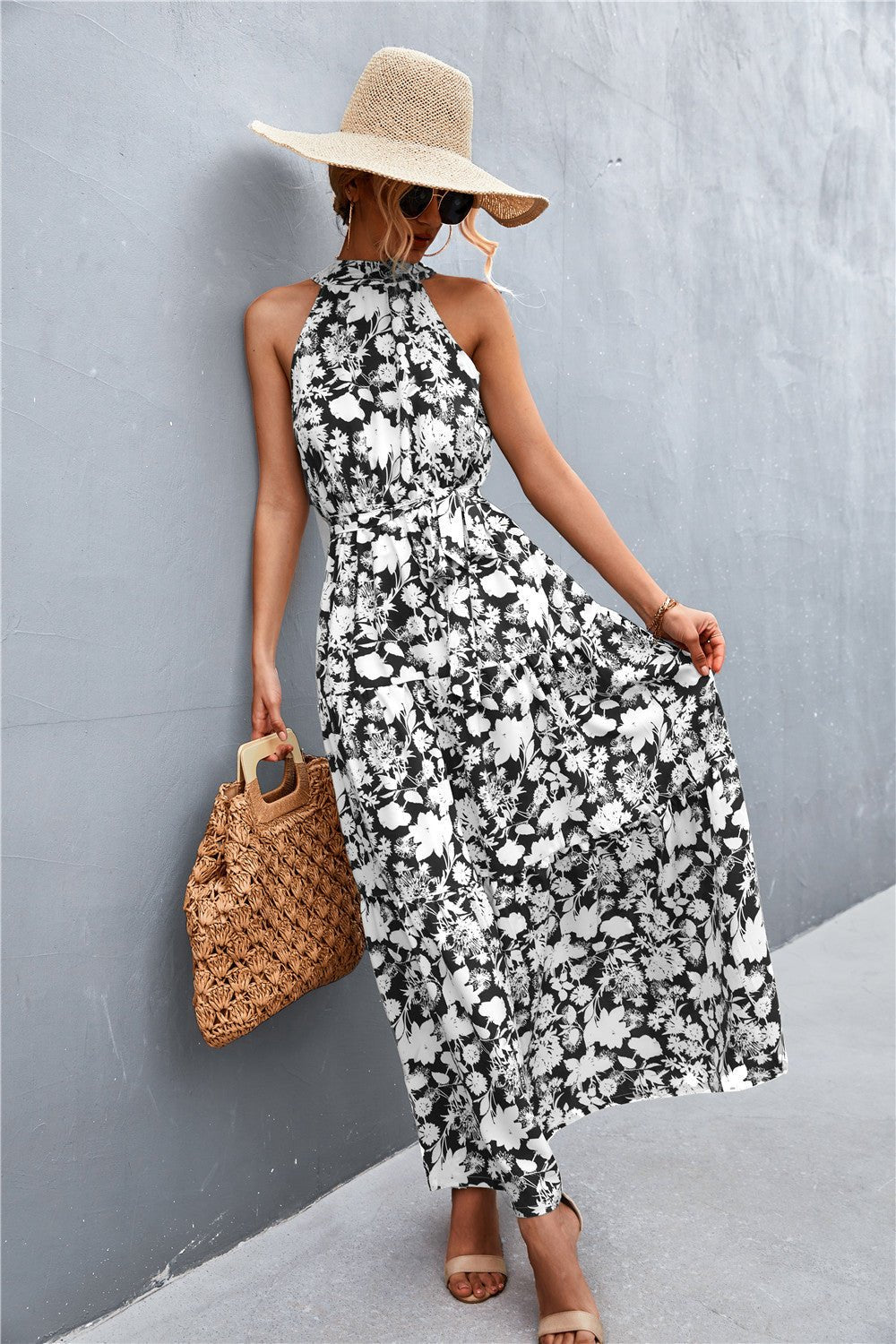 Printed Sleeveless Tie Waist Maxi Dress - GirlyBayPrinted Sleeveless Tie Waist Maxi Dress100100900731367SBlack/White/FloralGirlyBayPrinted Sleeveless Tie Waist Maxi Dress