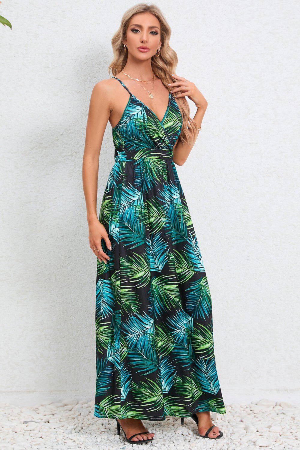 Printed Surplice Maxi Cami DressTrendsi100100264981195TurquoiseSTurquoiseH.Y.G@ETurquoiseShip From Overseas