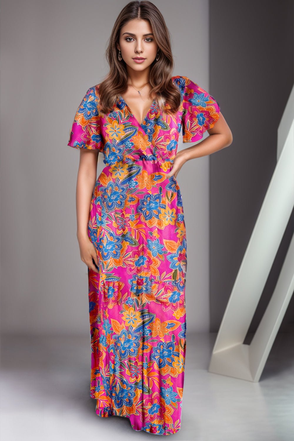 Printed Surplice Short Sleeve Maxi Dress - GirlyBayPrinted Surplice Short Sleeve Maxi Dress100100496911151SMulticolorGirlyBayPrinted Surplice Short Sleeve Maxi Dress