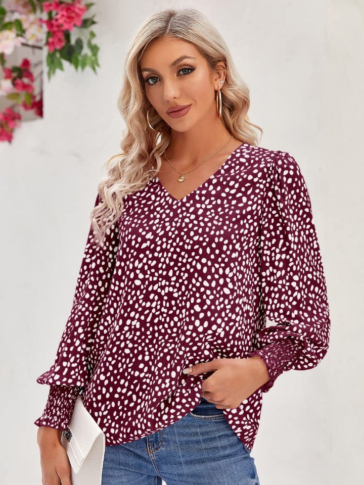 Printed V - Neck Lantern Sleeve Blouse - GirlyBayPrinted V - Neck Lantern Sleeve Blouse100100696676336SBurgundyGirlyBayPrinted V - Neck Lantern Sleeve Blouse