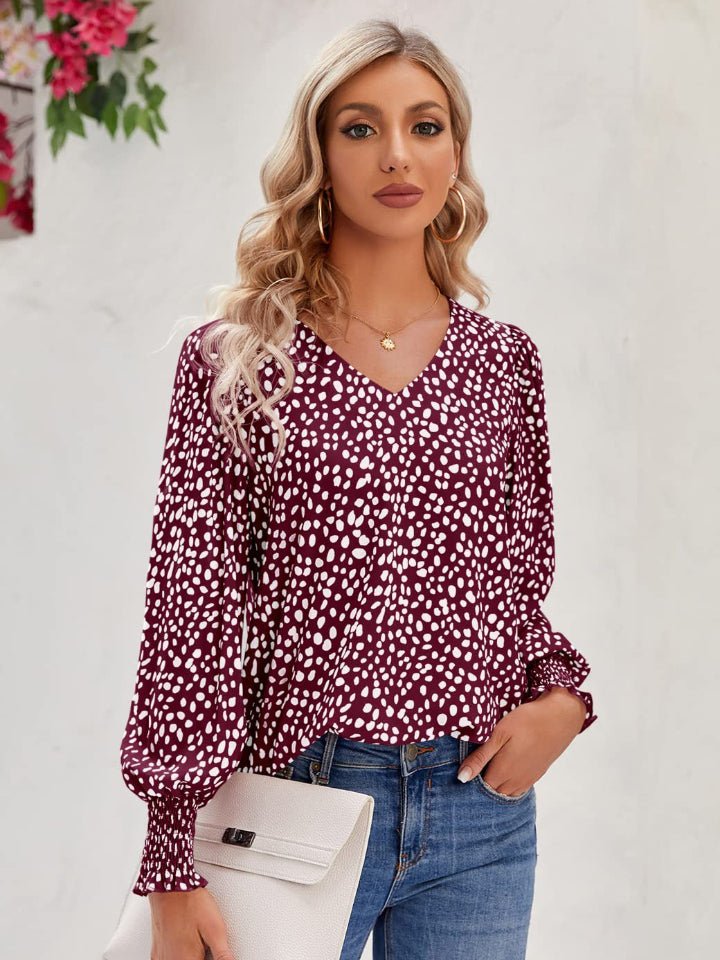 Printed V - Neck Lantern Sleeve Blouse - GirlyBayPrinted V - Neck Lantern Sleeve Blouse100100696676336SBurgundyGirlyBayPrinted V - Neck Lantern Sleeve Blouse