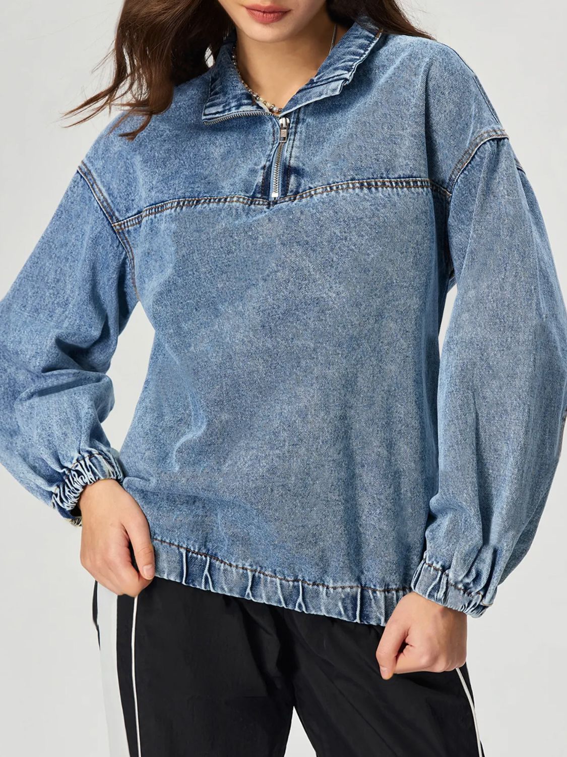 Quarter Zip Collared Neck Denim Top - GirlyBayJeans & DenimQuarter Zip Collared Neck Denim Top100100849081691SMediumGirlyBayQuarter Zip Collared Neck Denim Top