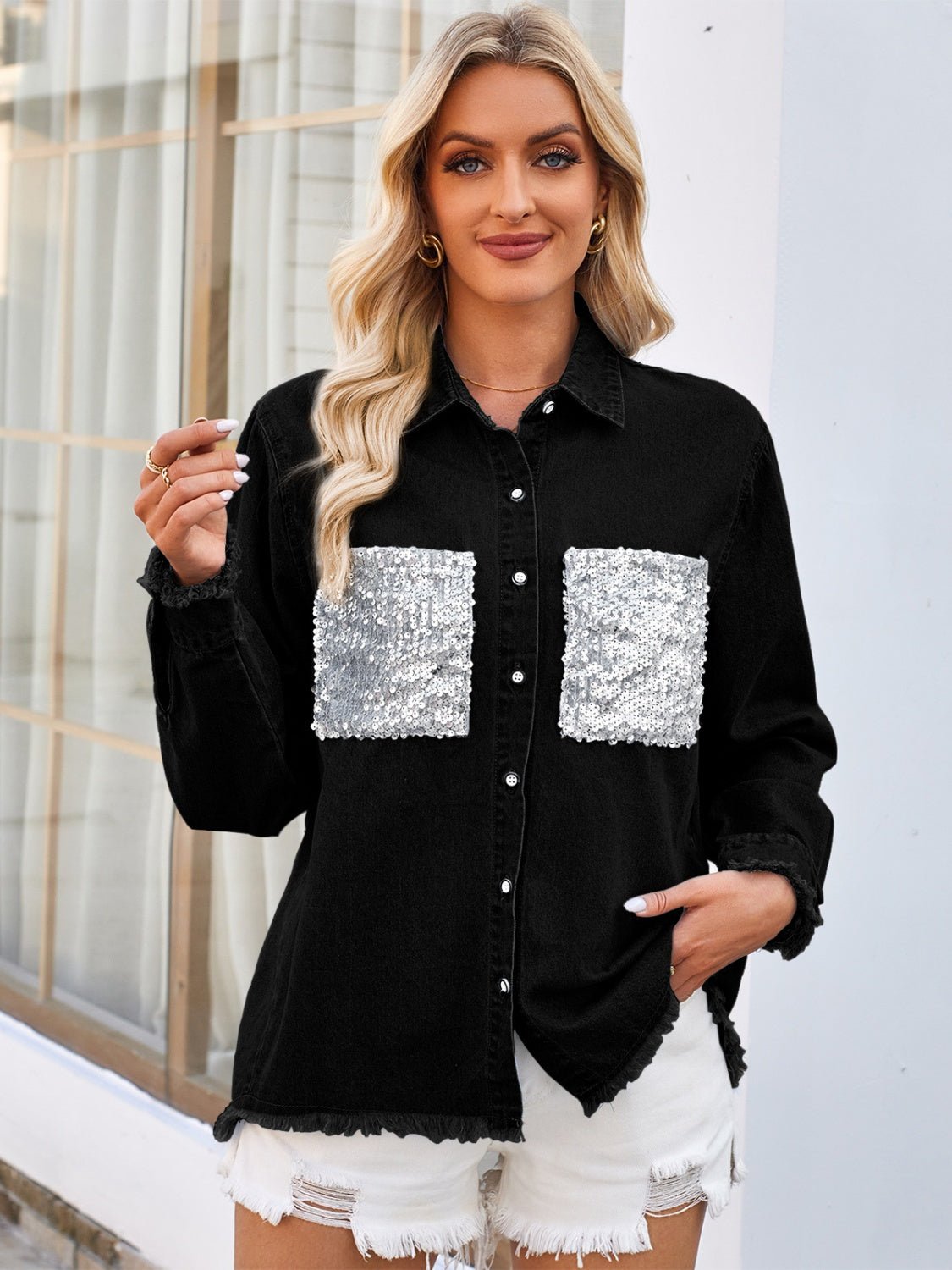 Raw Hem Button Up Long Sleeve Denim Jacket with Sequin Pockets - GirlyBayJeans & DenimRaw Hem Button Up Long Sleeve Denim Jacket with Sequin Pockets100100837079448SBlackGirlyBayRaw Hem Button Up Long Sleeve Denim Jacket with Sequin Pockets