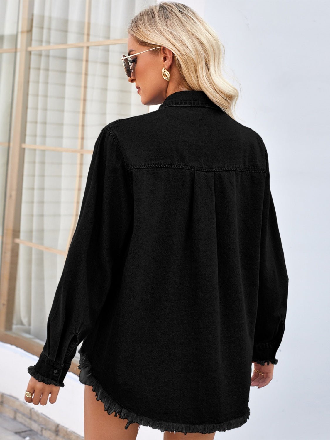 Raw Hem Button Up Long Sleeve Denim Jacket with Sequin Pockets - GirlyBayJeans & DenimRaw Hem Button Up Long Sleeve Denim Jacket with Sequin Pockets100100837079448SBlackGirlyBayRaw Hem Button Up Long Sleeve Denim Jacket with Sequin Pockets