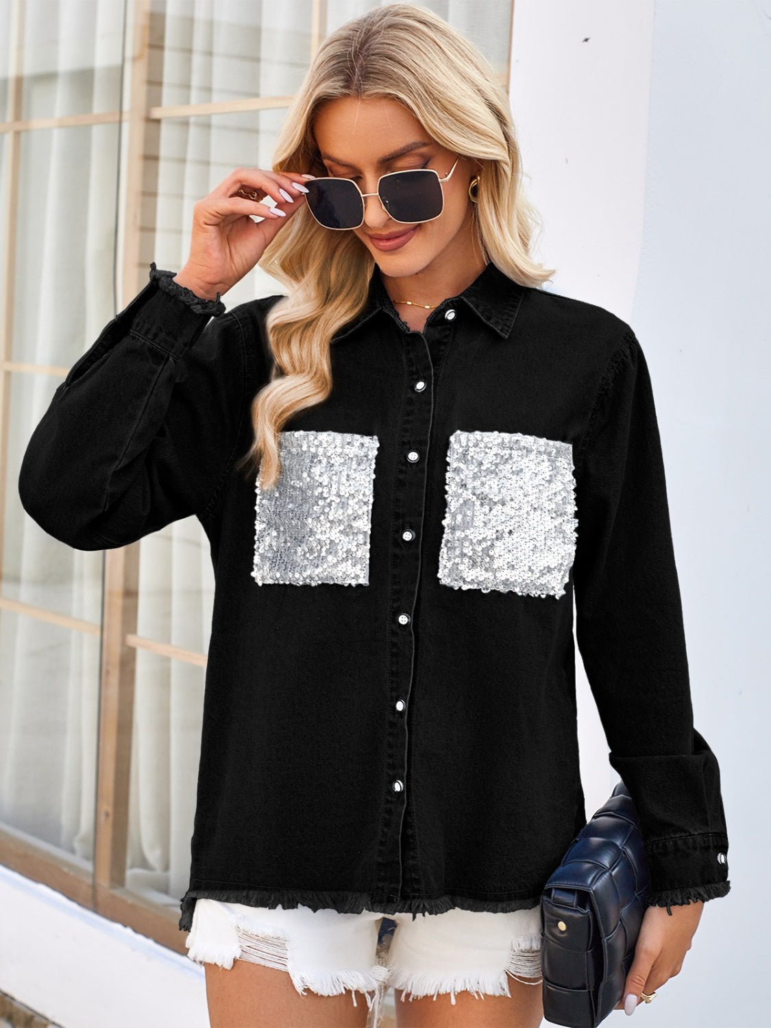 Raw Hem Button Up Long Sleeve Denim Jacket with Sequin Pockets - GirlyBayJeans & DenimRaw Hem Button Up Long Sleeve Denim Jacket with Sequin Pockets100100837079448SBlackGirlyBayRaw Hem Button Up Long Sleeve Denim Jacket with Sequin Pockets