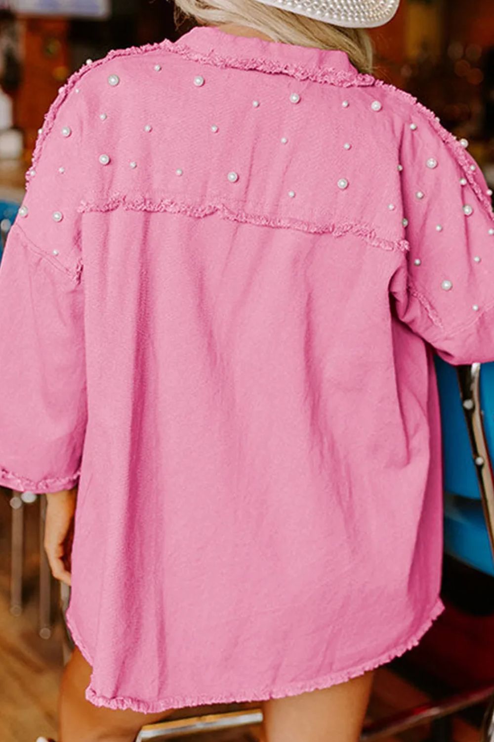 Raw Hem Pearl Trim Dropped Shoulder Denim Jacket - GirlyBayOuterwearRaw Hem Pearl Trim Dropped Shoulder Denim Jacket100100374425041SFuchsia PinkGirlyBayRaw Hem Pearl Trim Dropped Shoulder Denim Jacket