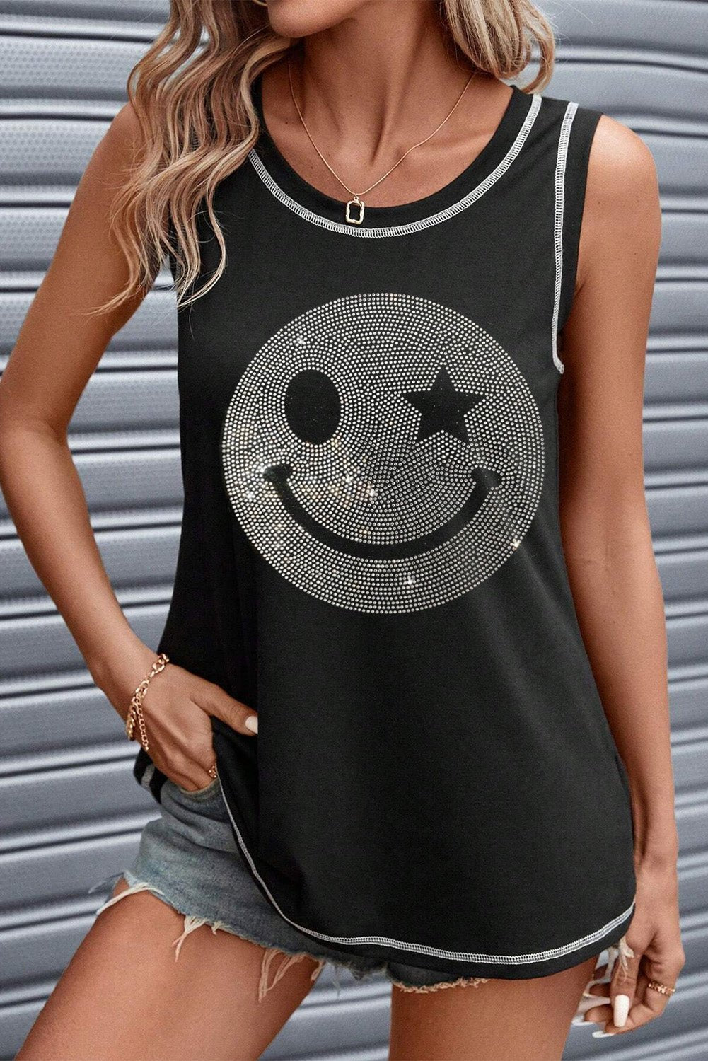 Rhinestone Smile Face Round Neck Tank - GirlyBayRhinestone Smile Face Round Neck Tank100100192711479SBlackGirlyBayRhinestone Smile Face Round Neck Tank