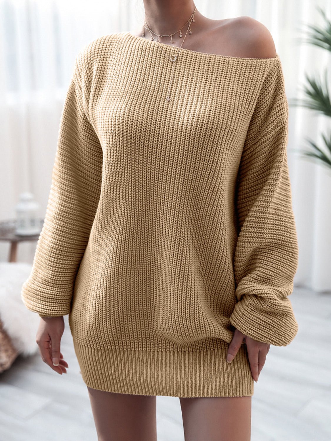 Rib-Knit Mini Sweater DressCasual DressesTrendsiGirlyBay100100137521074KhakiSB.J.SShip From Overseas