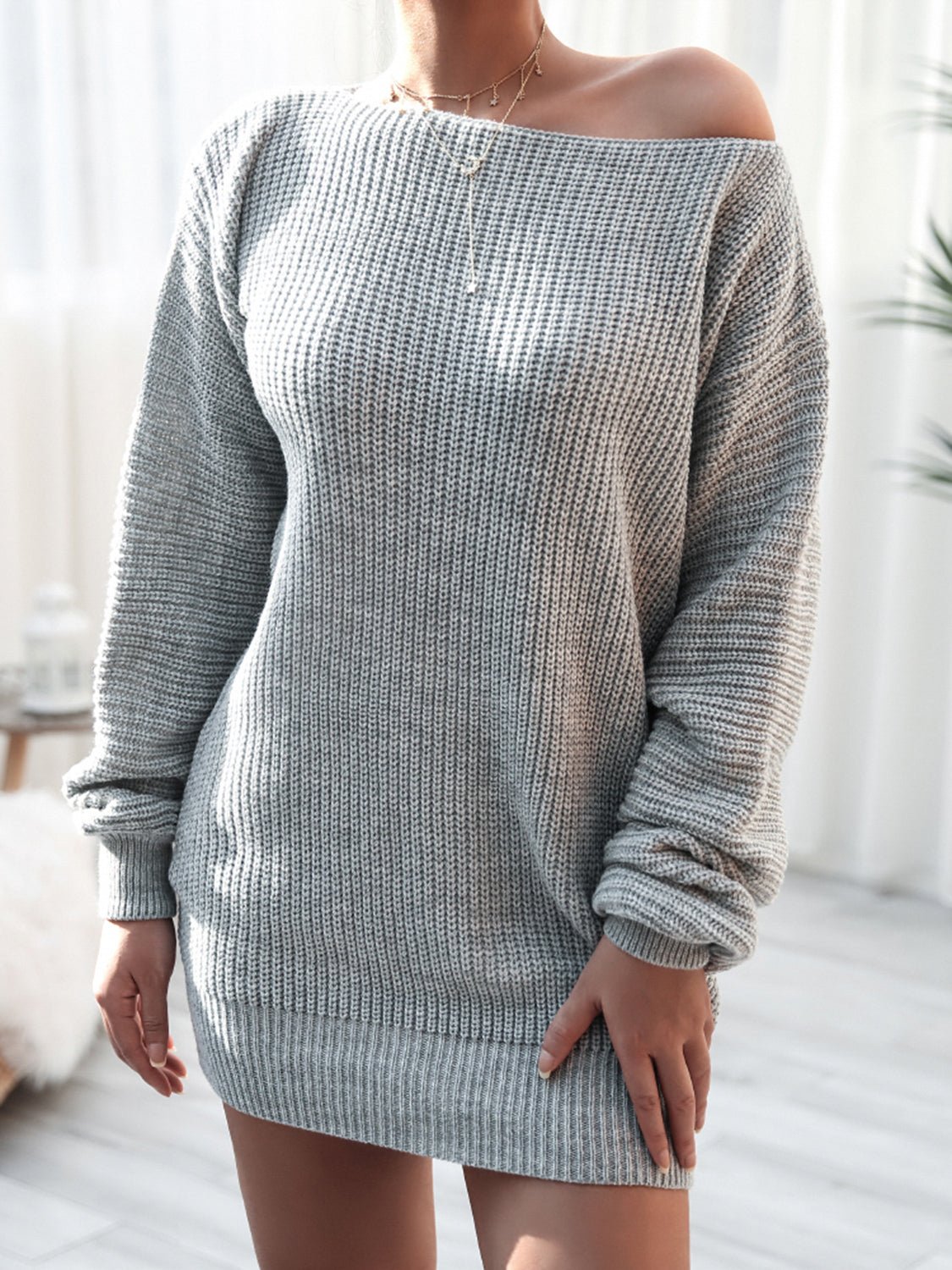 Rib-Knit Mini Sweater DressCasual DressesTrendsiGirlyBay100100137526500CharcoalSB.J.SShip From Overseas