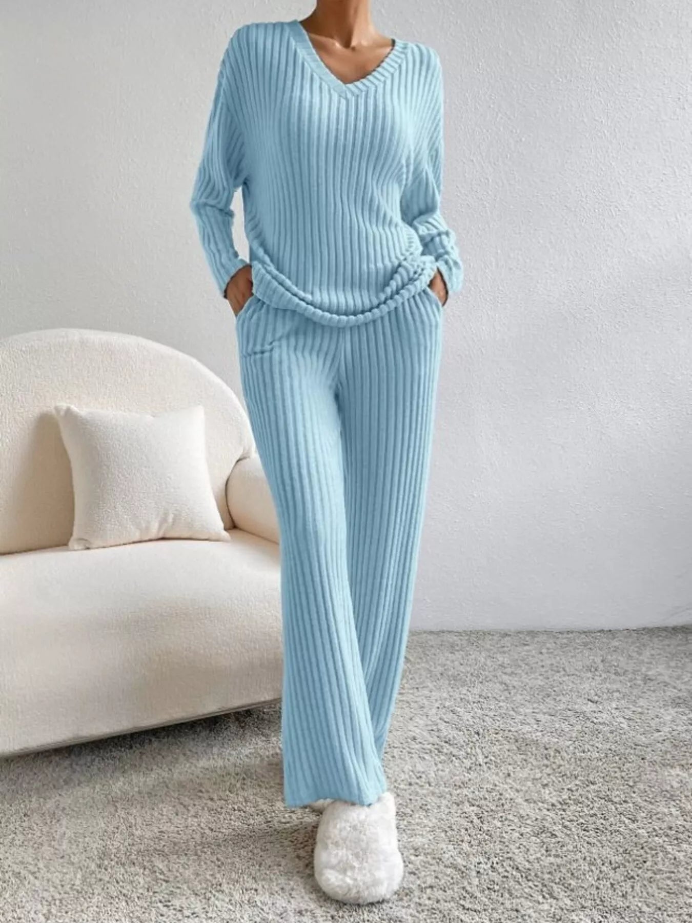 Ribbed Knit V - Neck Top and Pants Set - GirlyBayJumpsuits & Rompers2eb6cd254fba4e5d90bcdd5e6384e72e - Max - Origin100100068713960XSBlueGirlyBay2eb6cd254fba4e5d90bcdd5e6384e72e - Max - OriginRibbed Knit V - Neck Top and Pants SetJumpsuits & RompersGirlyBay100100068713960