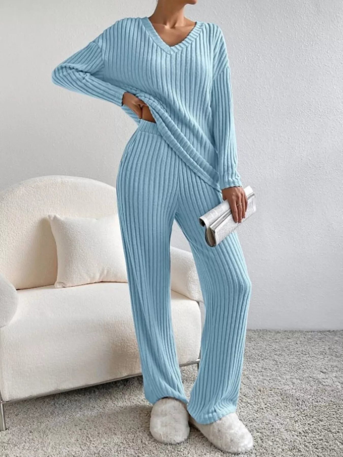 Ribbed Knit V - Neck Top and Pants Set - GirlyBayJumpsuits & Romperse72a2087ea0f4081af0570951ac00e9d - Max - Origin100100068713960XSBlueGirlyBaye72a2087ea0f4081af0570951ac00e9d - Max - OriginRibbed Knit V - Neck Top and Pants SetJumpsuits & RompersGirlyBay100100068713960