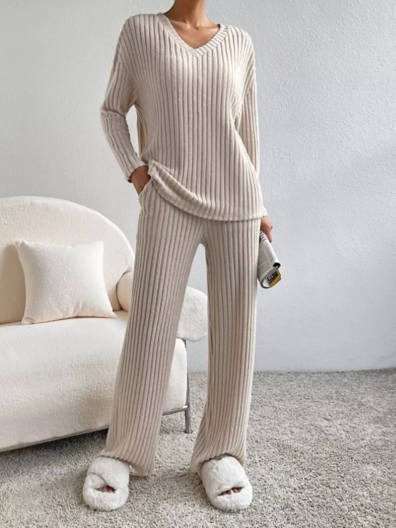 Ribbed Knit V - Neck Top and Pants Set - GirlyBayJumpsuits & Rompers01370a7e158c4693b937712a802f1f58 - Max - Origin100100068713976XSBeigeGirlyBay01370a7e158c4693b937712a802f1f58 - Max - OriginRibbed Knit V - Neck Top and Pants SetJumpsuits & RompersGirlyBay100100068713976