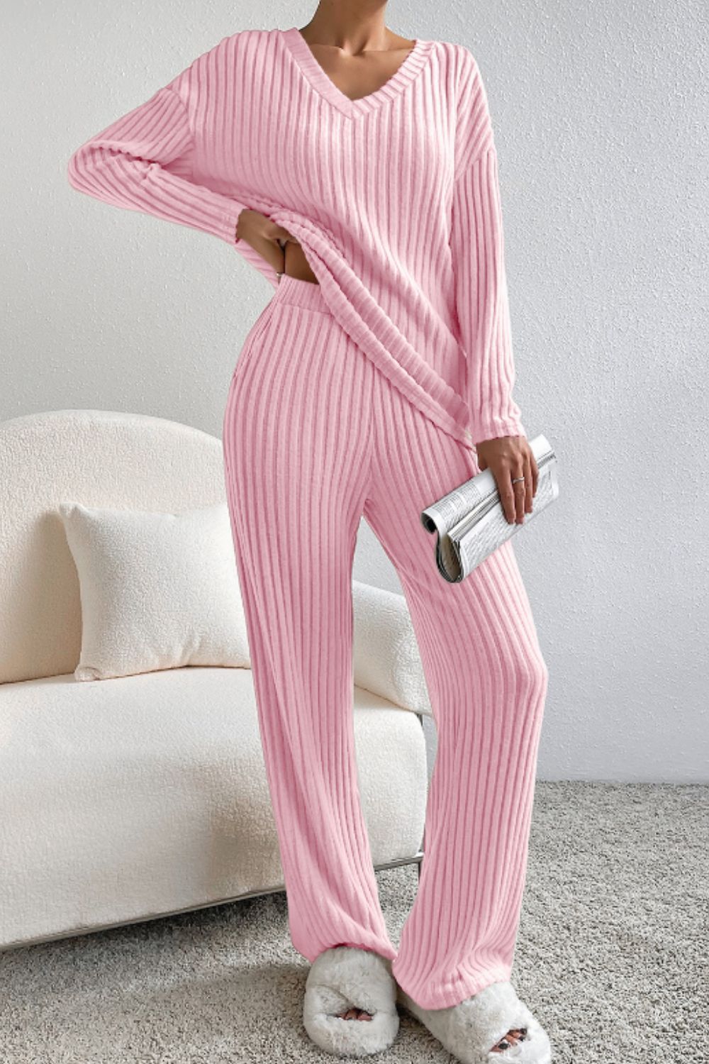 Ribbed V - Neck Top and Pants Lounge Set - GirlyBayLoungewear & UnderwearRibbed V - Neck Top and Pants Lounge Set100100085931710SBlush PinkGirlyBayRibbed V - Neck Top and Pants Lounge Set
