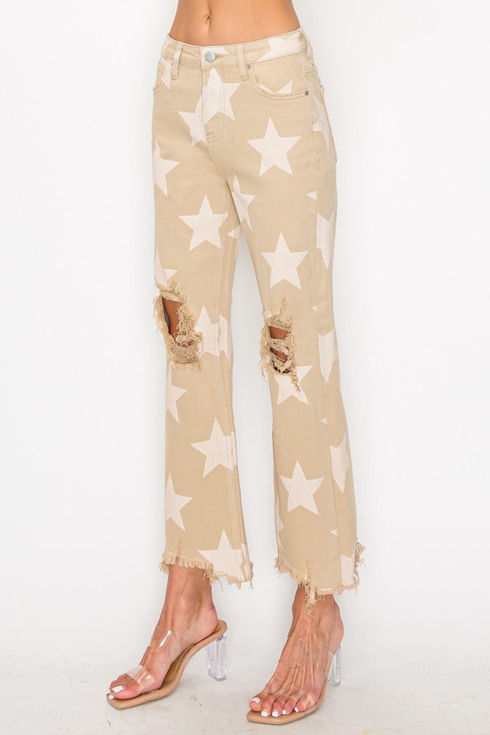RISEN Full Size High Rise Star Printed Frayed Hem Jeans - GirlyBayJeans & DenimRISEN Full Size High Rise Star Printed Frayed Hem Jeans1001007987114130(24)KhakiGirlyBayRISEN Full Size High Rise Star Printed Frayed Hem Jeans