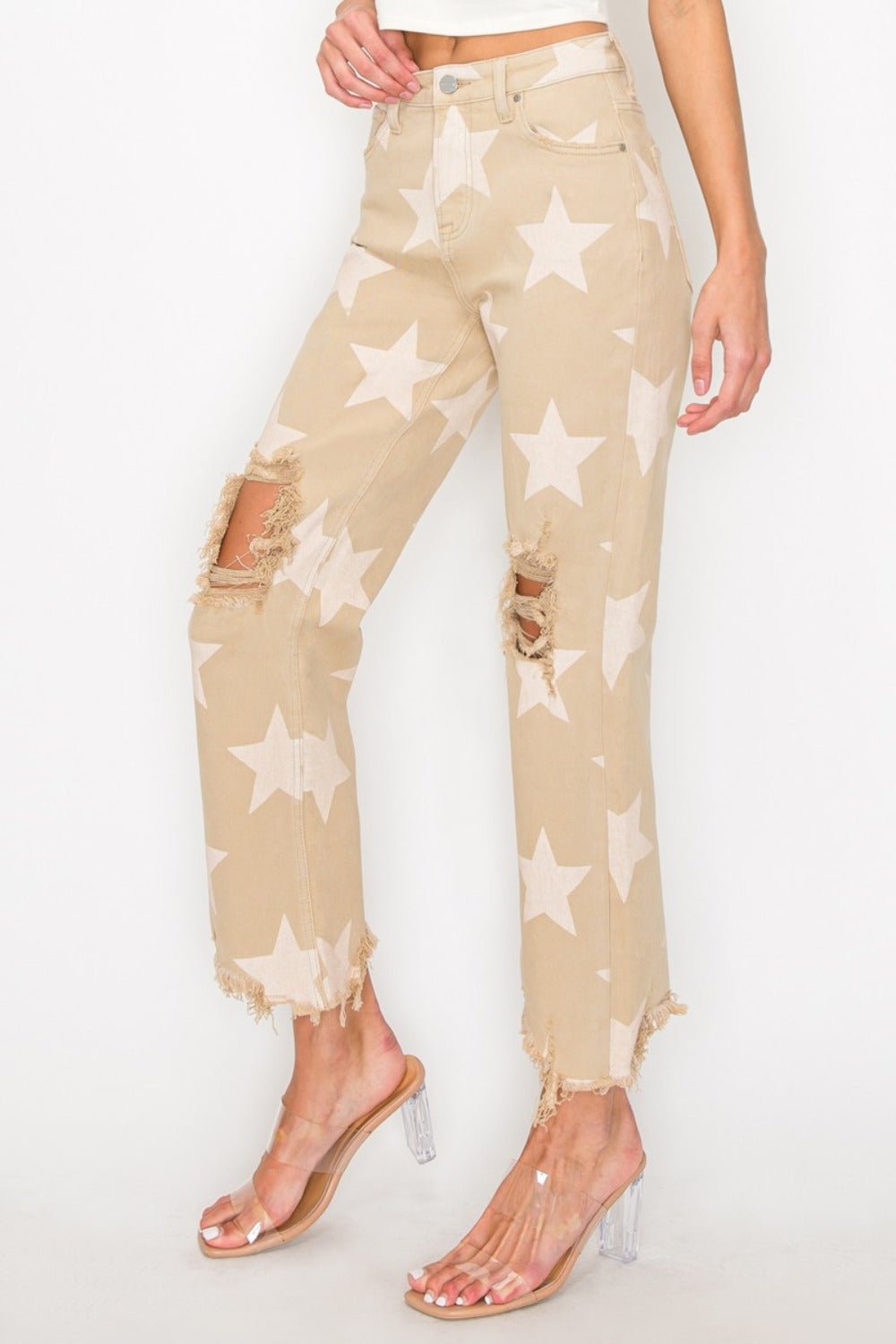 RISEN Full Size High Rise Star Printed Frayed Hem Jeans - GirlyBayJeans & DenimRISEN Full Size High Rise Star Printed Frayed Hem Jeans1001007987114130(24)KhakiGirlyBayRISEN Full Size High Rise Star Printed Frayed Hem Jeans