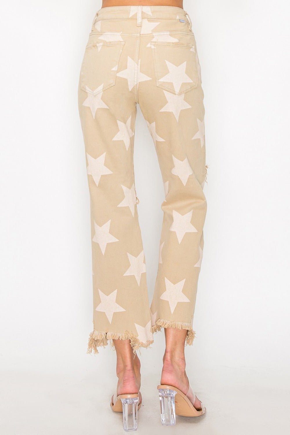 RISEN Full Size High Rise Star Printed Frayed Hem Jeans - GirlyBayJeans & DenimRISEN Full Size High Rise Star Printed Frayed Hem Jeans1001007987114130(24)KhakiGirlyBayRISEN Full Size High Rise Star Printed Frayed Hem Jeans