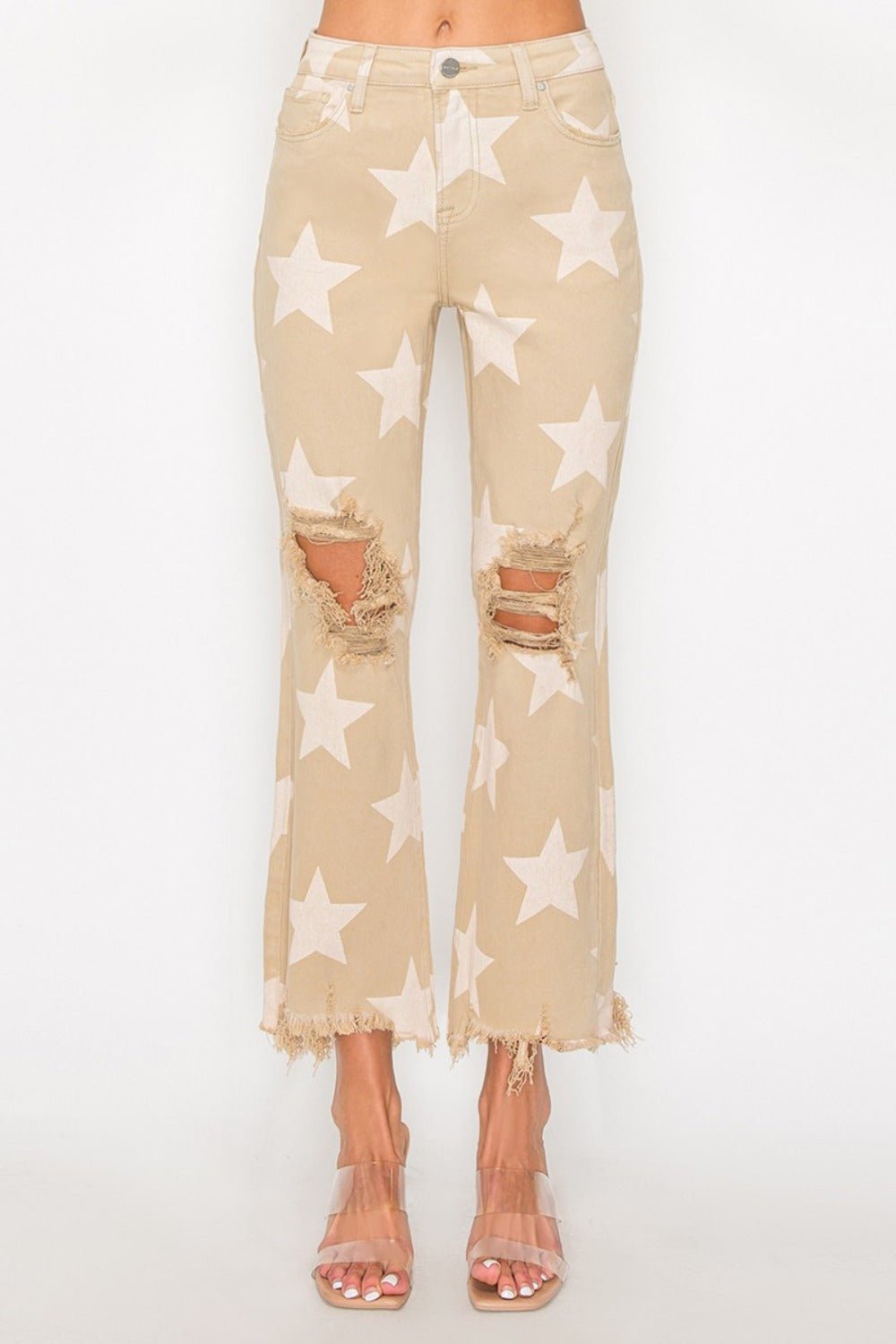 RISEN Full Size High Rise Star Printed Frayed Hem Jeans - GirlyBayJeans & DenimRISEN Full Size High Rise Star Printed Frayed Hem Jeans1001007987114130(24)KhakiGirlyBayRISEN Full Size High Rise Star Printed Frayed Hem Jeans