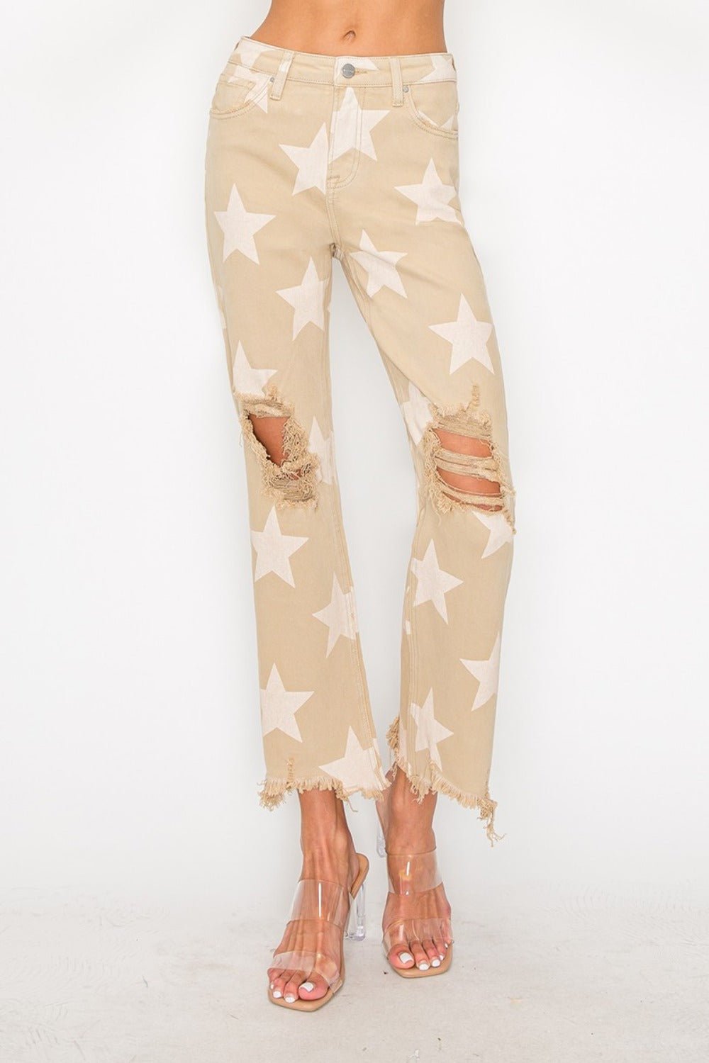 RISEN Full Size High Rise Star Printed Frayed Hem Jeans - GirlyBayJeans & DenimRISEN Full Size High Rise Star Printed Frayed Hem Jeans1001007987114130(24)KhakiGirlyBayRISEN Full Size High Rise Star Printed Frayed Hem Jeans