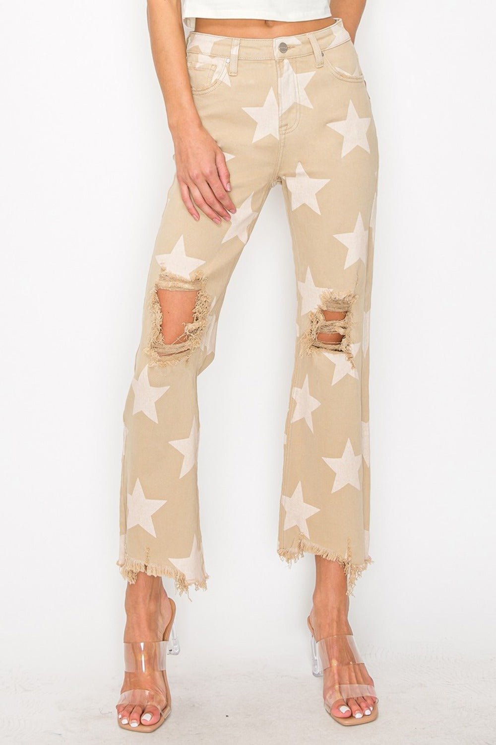 RISEN Full Size High Rise Star Printed Frayed Hem Jeans - GirlyBayJeans & DenimRISEN Full Size High Rise Star Printed Frayed Hem Jeans1001007987114130(24)KhakiGirlyBayRISEN Full Size High Rise Star Printed Frayed Hem Jeans