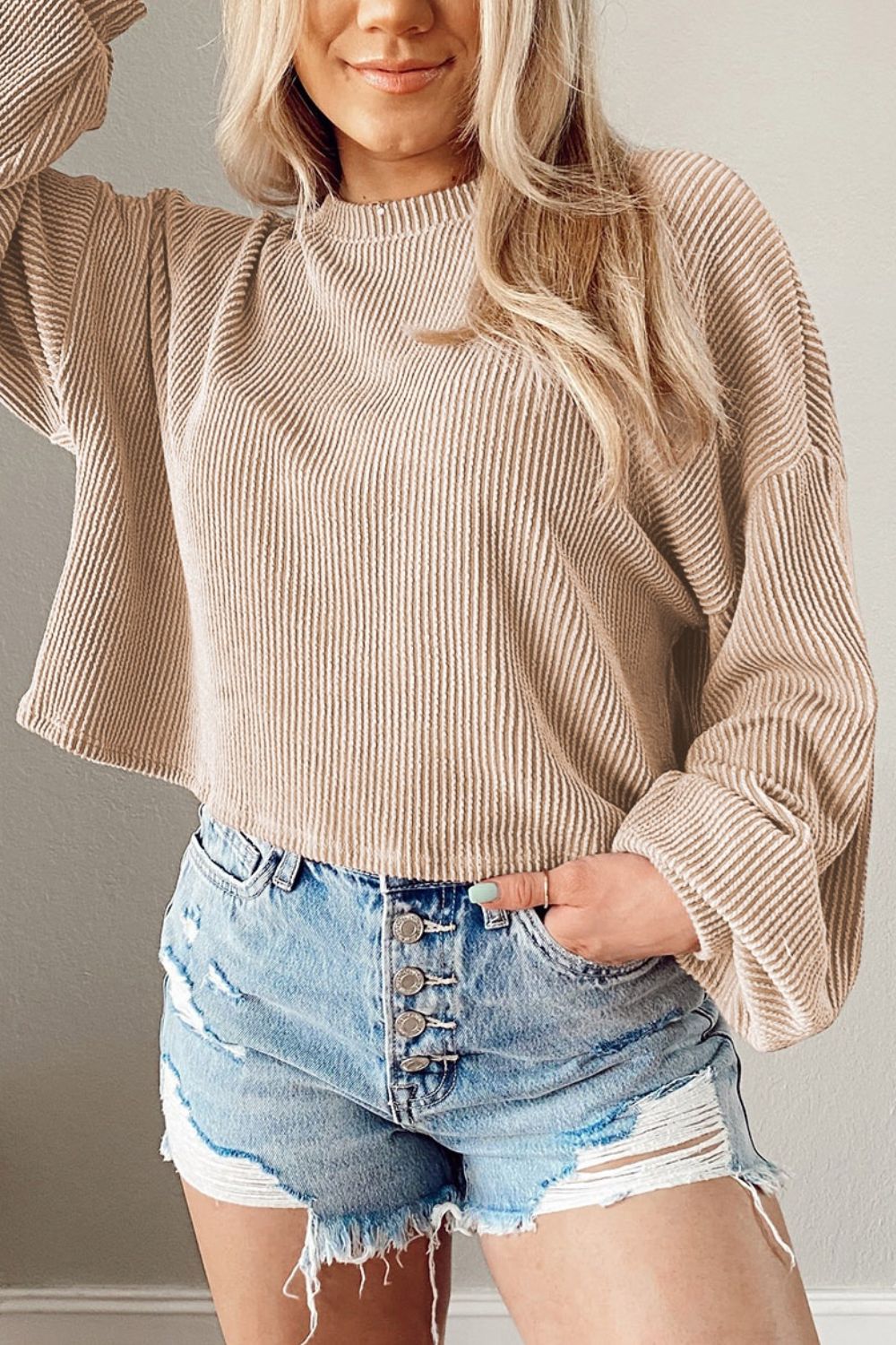 Round Neck Drop Shoulder Long Sleeve Top - GirlyBayRound Neck Drop Shoulder Long Sleeve Top100101310877398SBeigeGirlyBayRound Neck Drop Shoulder Long Sleeve Top
