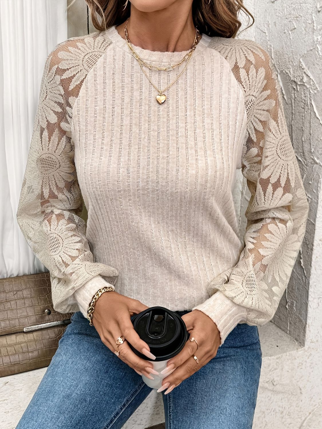 Round Neck Lace Patchwork Long Sleeve Top - GirlyBayRound Neck Lace Patchwork Long Sleeve Top100100369051528SDust StormGirlyBayRound Neck Lace Patchwork Long Sleeve Top
