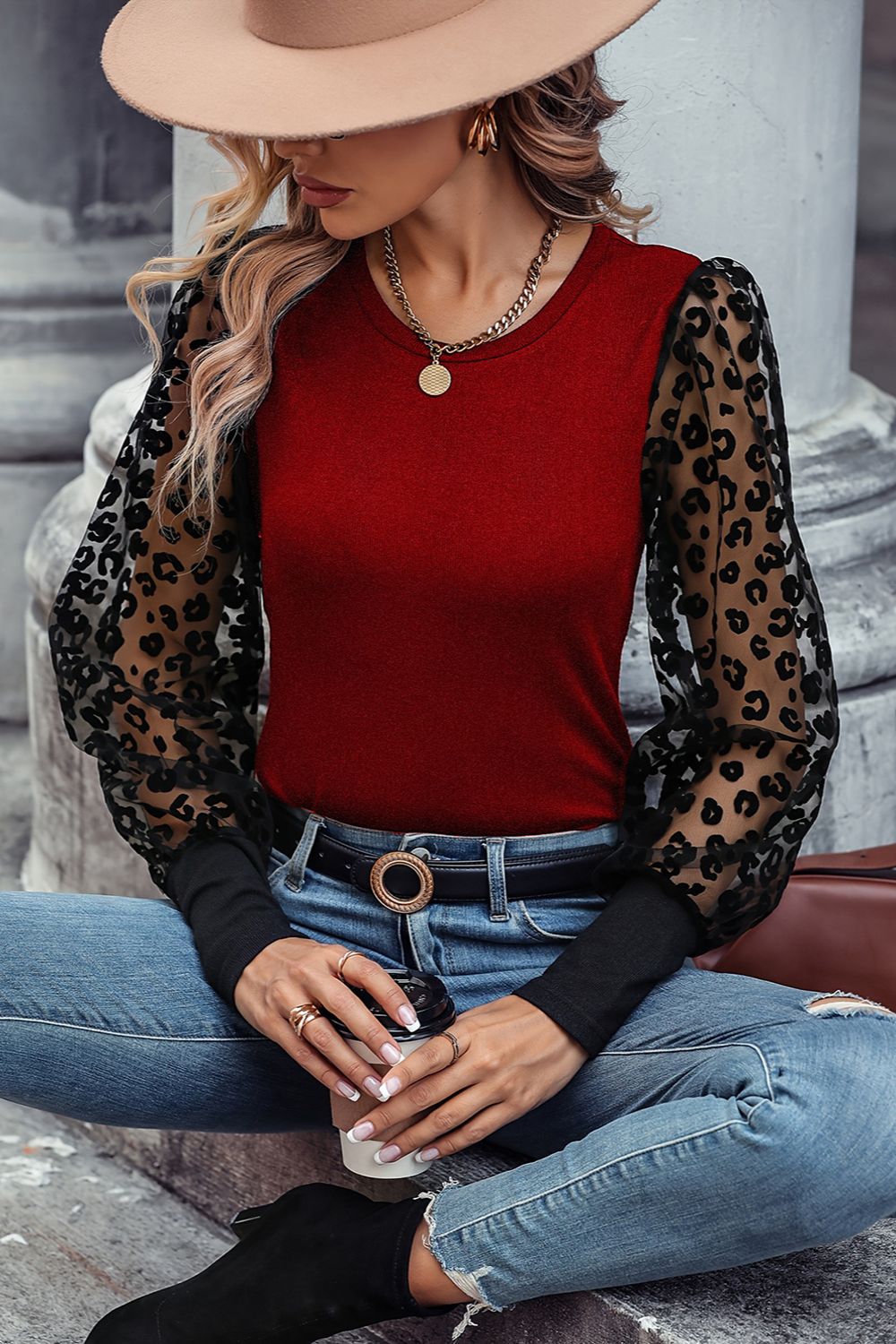 Round Neck Lantern Sleeve Blouse - GirlyBayRound Neck Lantern Sleeve Blouse100101940121919SDeep RedGirlyBayRound Neck Lantern Sleeve Blouse