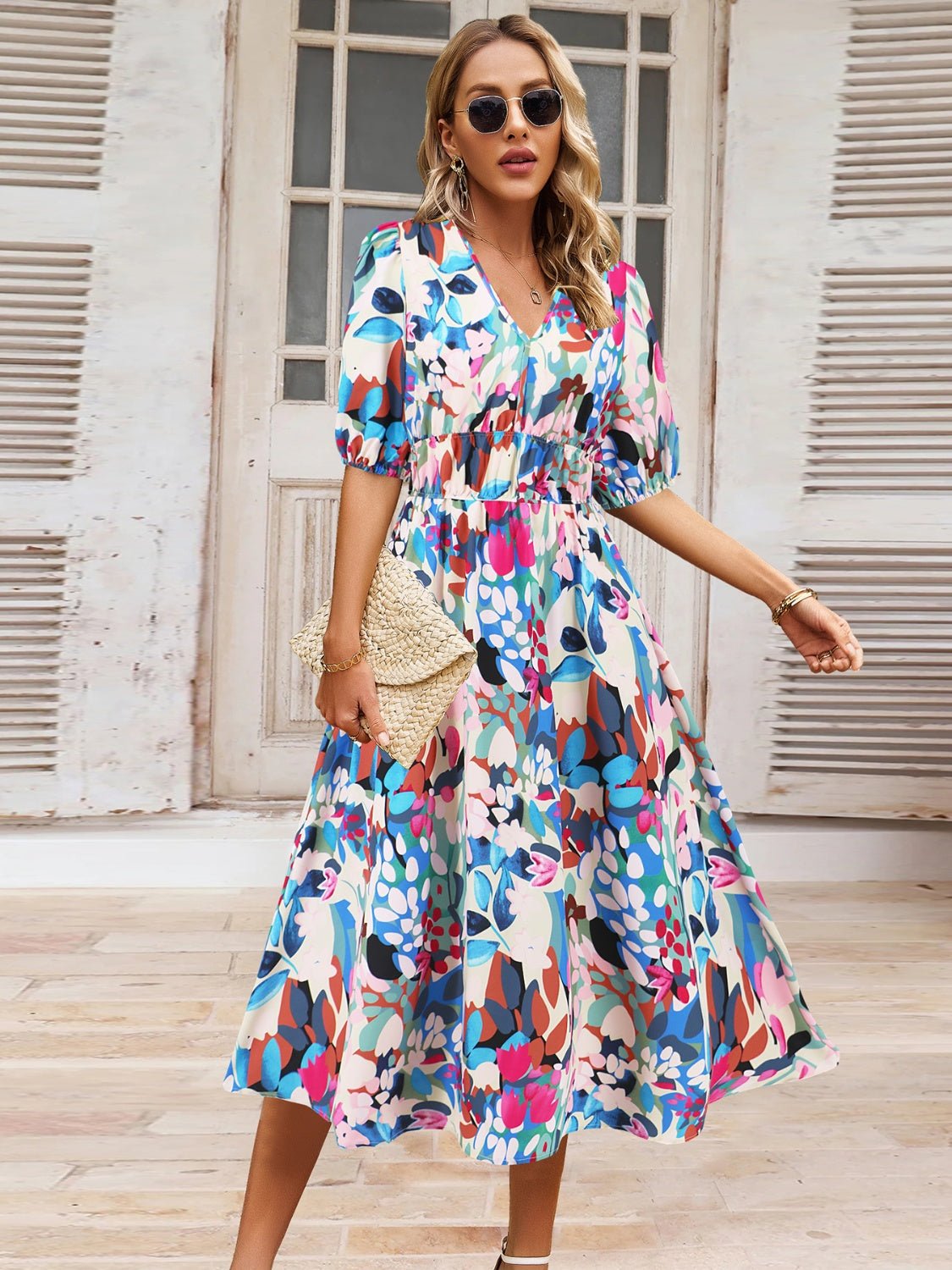 Ruched Printed Surplice Short Sleeve Dress - GirlyBayMaxi DressesRuched Printed Surplice Short Sleeve Dress100100588441391SSky BlueGirlyBayRuched Printed Surplice Short Sleeve Dress