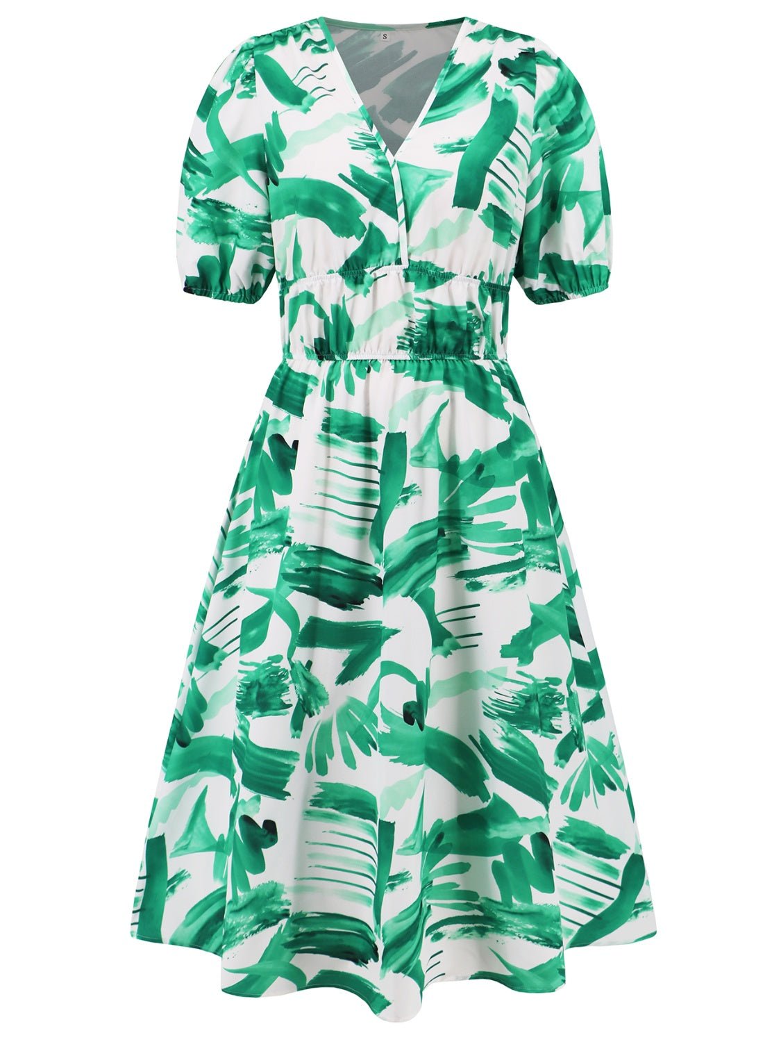 Ruched Printed Surplice Short Sleeve Dress - GirlyBayMaxi DressesRuched Printed Surplice Short Sleeve Dress100100588441765STurquoiseGirlyBayRuched Printed Surplice Short Sleeve Dress